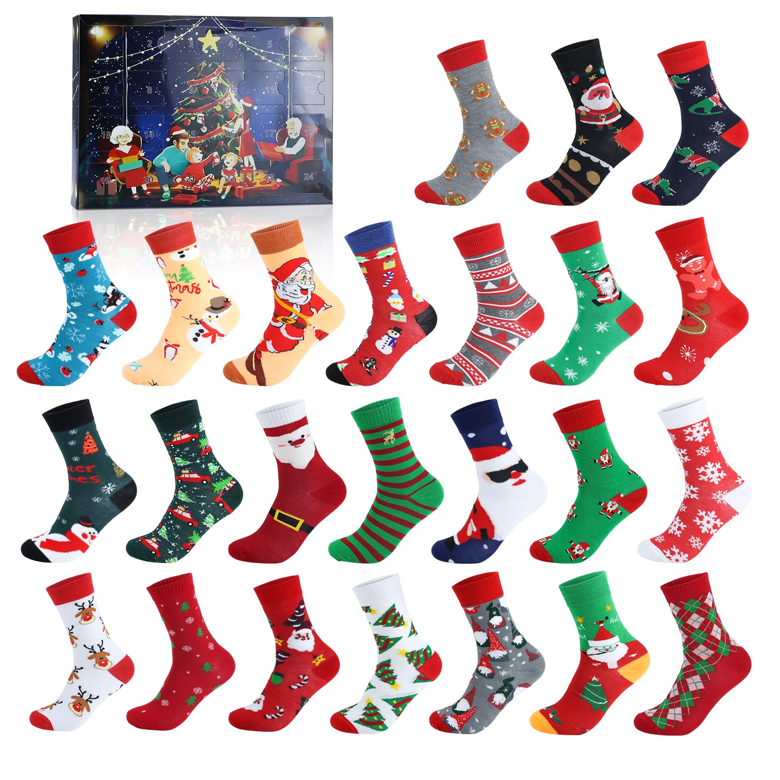 Calendrier de l'Avent de Noël 2025, 24 Chaussettes de Noël Unisex(sans paires), Taille 35-38, Calendrier de l'Avent de Chaussettes Adulte Cadeaux de Fête de Noël pour Femmes et Hommes