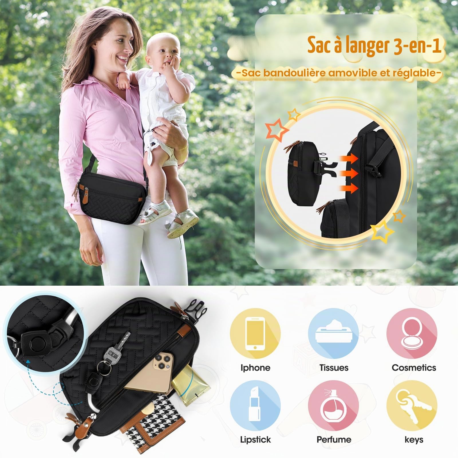 RAINSMORE Sac a Langer Bebe Grand Sac a Langer avec Matelas à Langer et Détachable Sacs Bandoulière Multifonction Imperméable Sacs a Dos a Langer Bebe pour Maman ou Papa Noir
