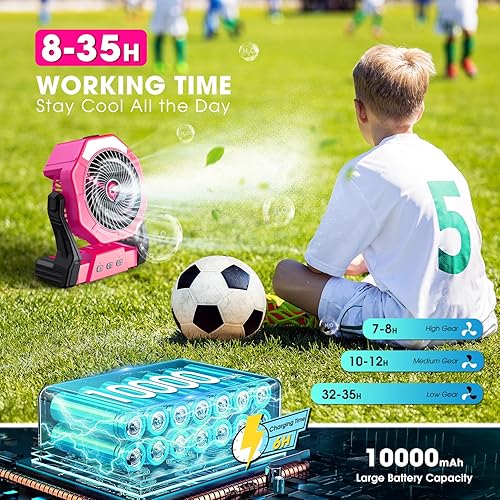 Miniatura 4 de Ventilador de campamento, ventilador de nebulización portátil con luz y tanque de agua de 8.5 fl oz, ventilador recargable de 10000 mAh de 8