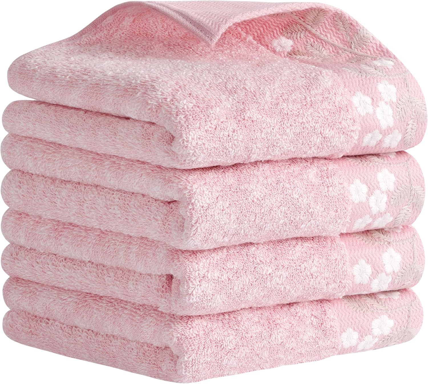 Floral Embroidered Hand Towels, Pure Cotton Soft Absorbent Towel Set for Bath, Kitchen, Spa, Gym, Home Decor 14" x 28"-4 Pack Pink