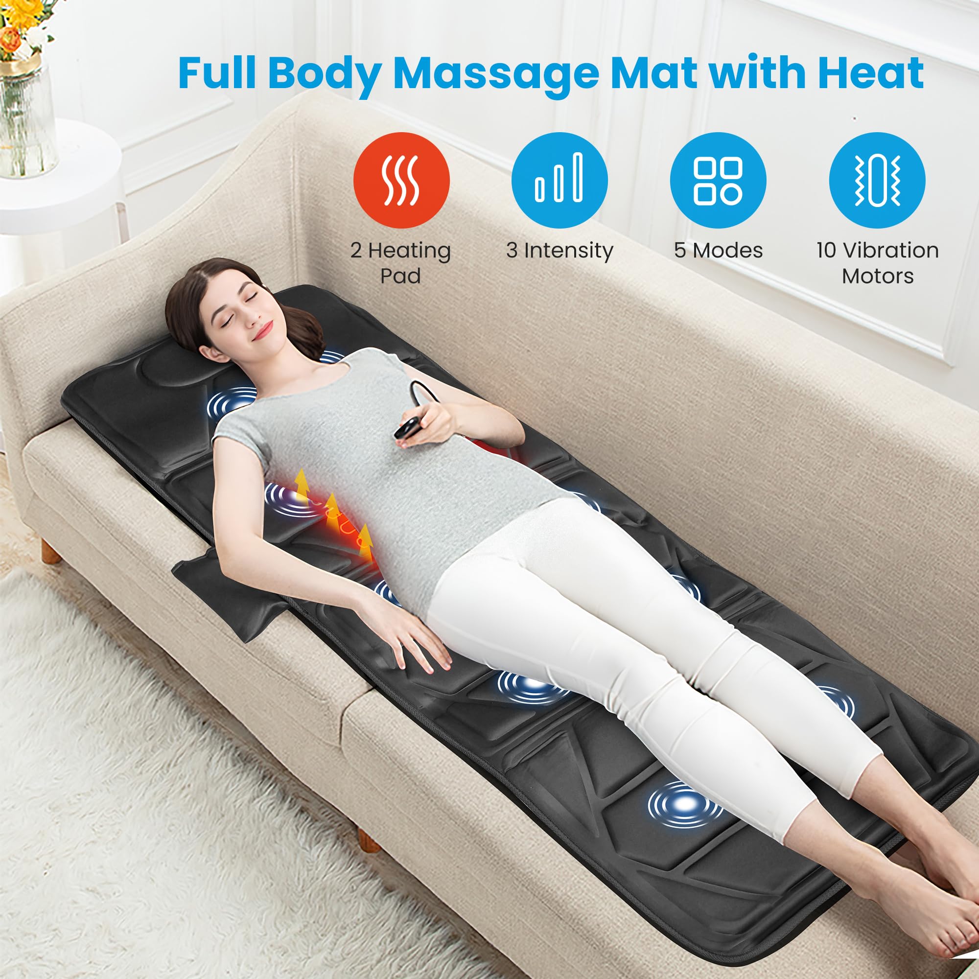 CooCoCo Tapete de masaje de cuerpo completo con calor, regalos de cumpleaños para papá, mamá, mujeres y hombres, colchón de masaje vibratorio de 10 motores, almohadilla de silla de masaje para cama