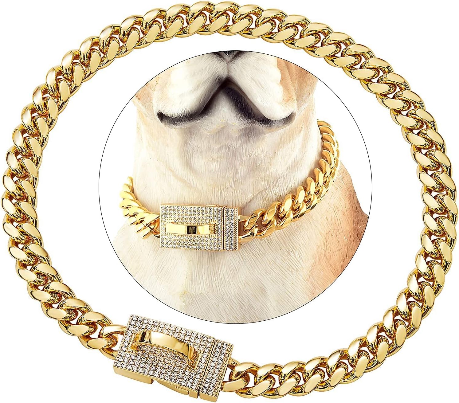 Gold Chain Dog Collar Dog Necklace with Bling Zircons Metal Cuban Link for Medium and Large Dogs Pets Heavy Duty Chew Proof 20IN