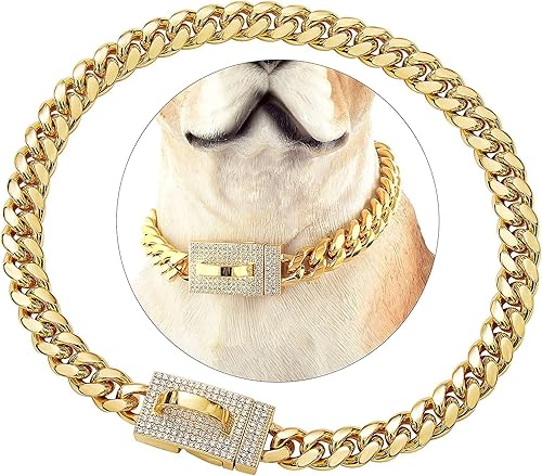 Collar de perro de cadena dorada con circonitas brillantes, eslabones cubanos de metal para perros medianos y grandes, mascotas, resistente, a