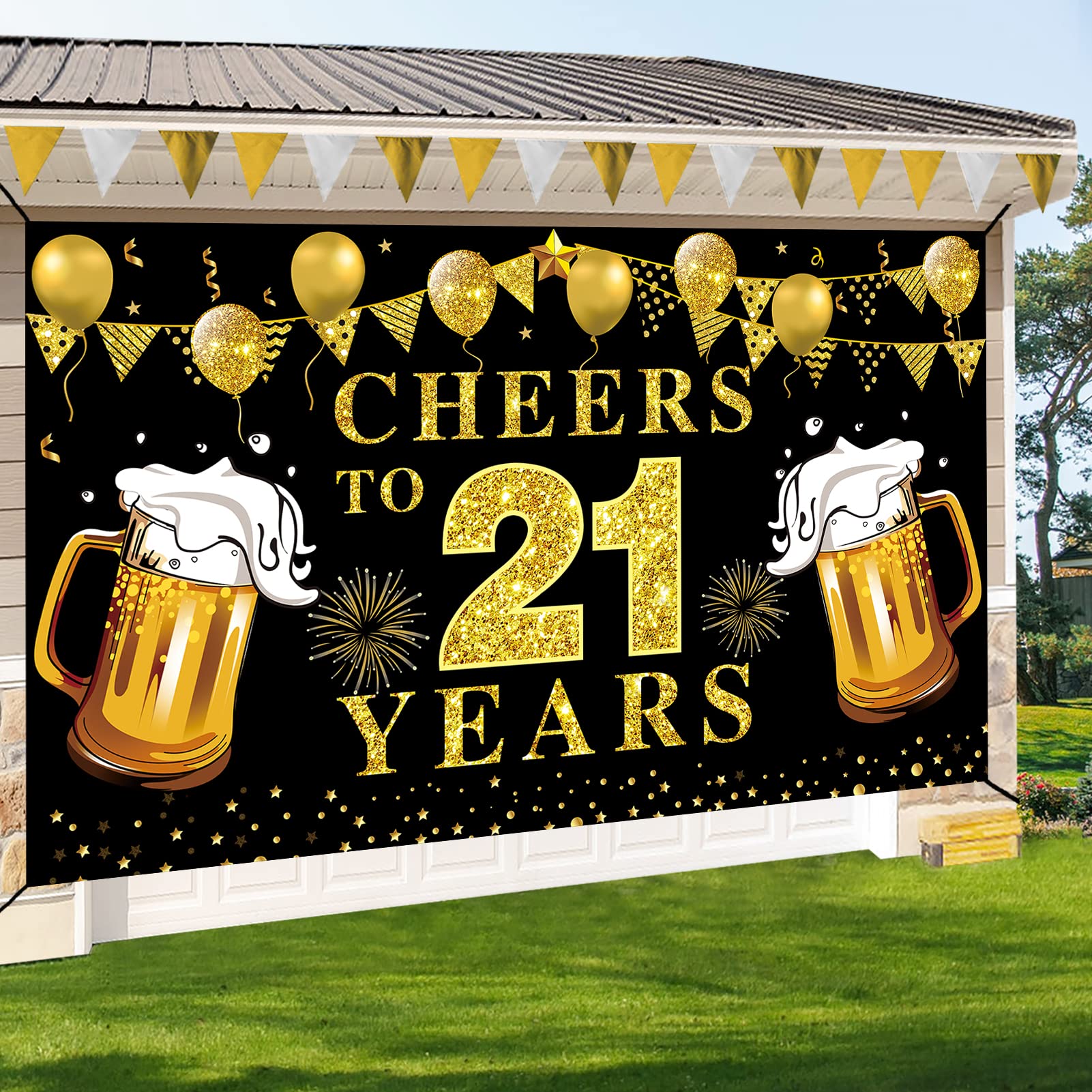 HOWAF 21. Geburtstag Banner Schwarz-Gold – 9x1,2 Ft | Stoff-Banner Für Fotohintergrund & Partydekoration