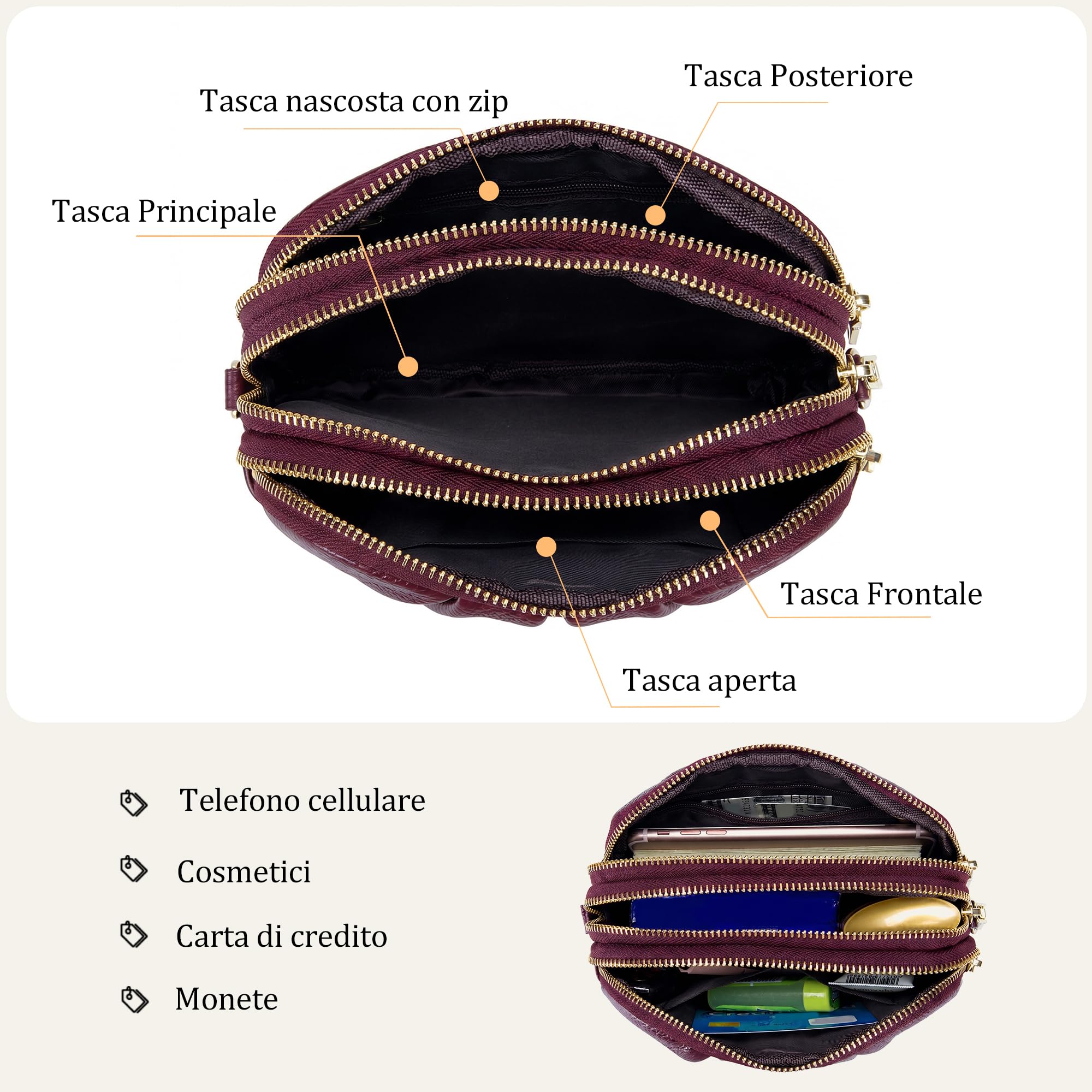 Borsa a Tracolla Donna Portafoglio Cellulare Grande Portamonete Moda Piccola Borsa Tracolla in Vera Pelle Moneta Borsa Pochette con 3 Scomparti Rosso