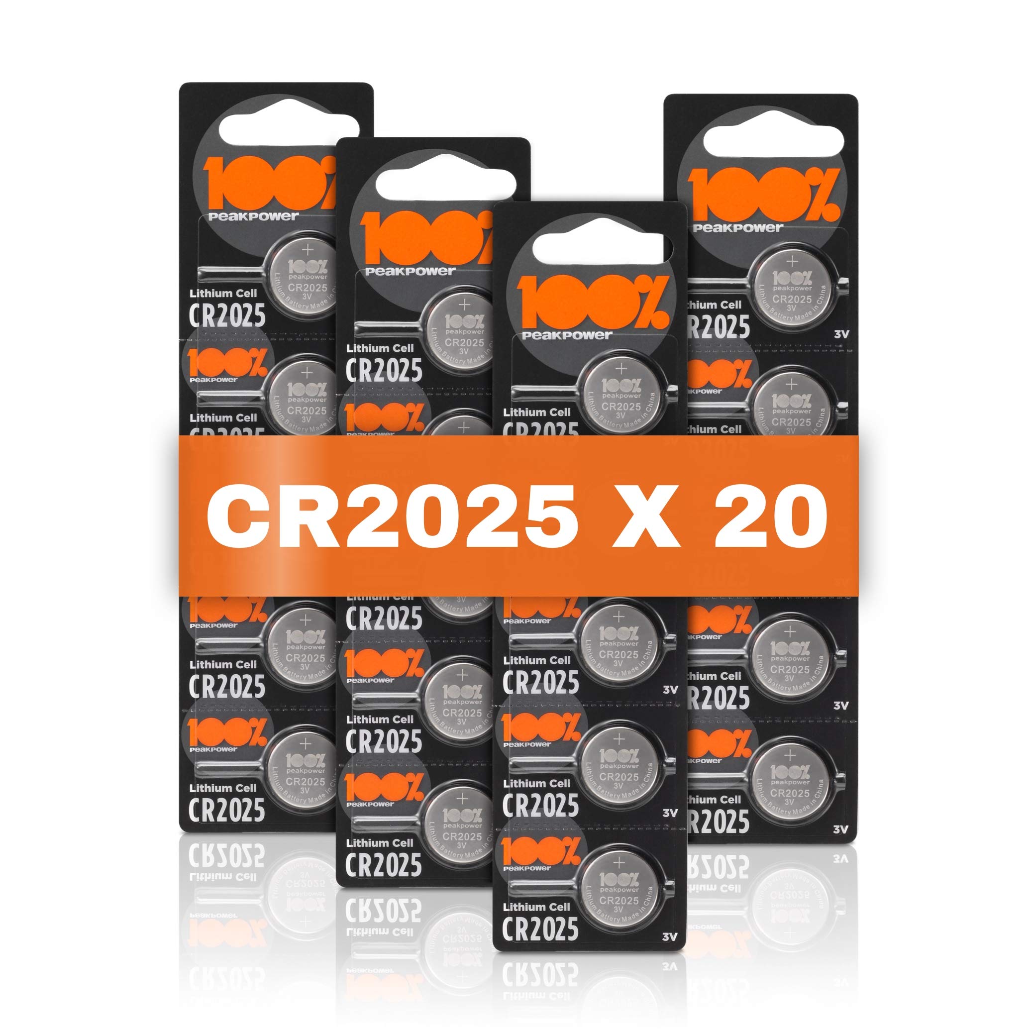 100% PeakPower CR2025 Battery – 20 PCS 3V Lithium Battery for Car Keys - CR2025 Coin Cell Batteries for Keyfob’s, Head Torches, Remotes, Scales, Led lights, Dog collars - 10 Year Shelf Life