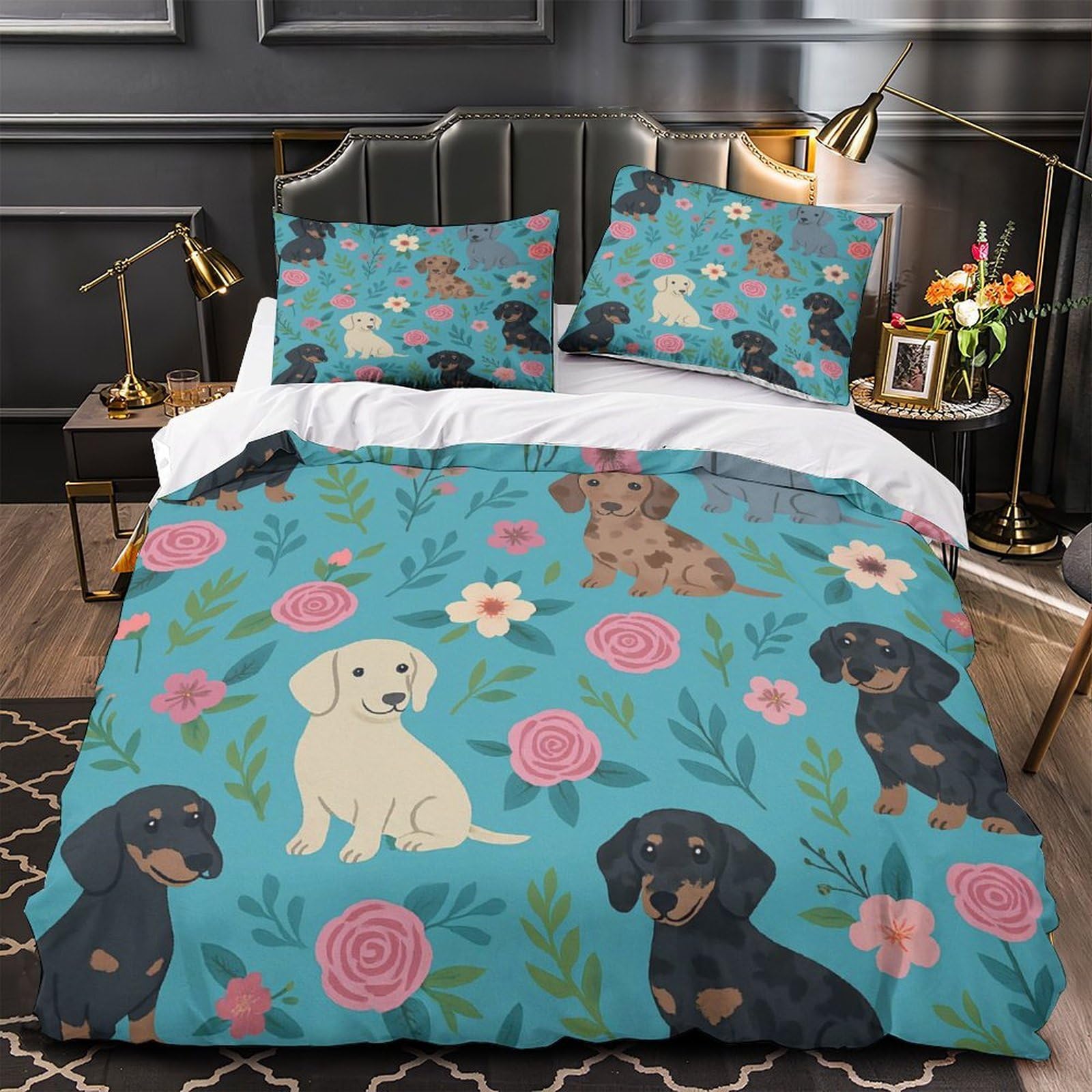 Housse de couette teckel 3D en microfibre 260x220 cm avec 2 taies d'oreiller pour lit Super King