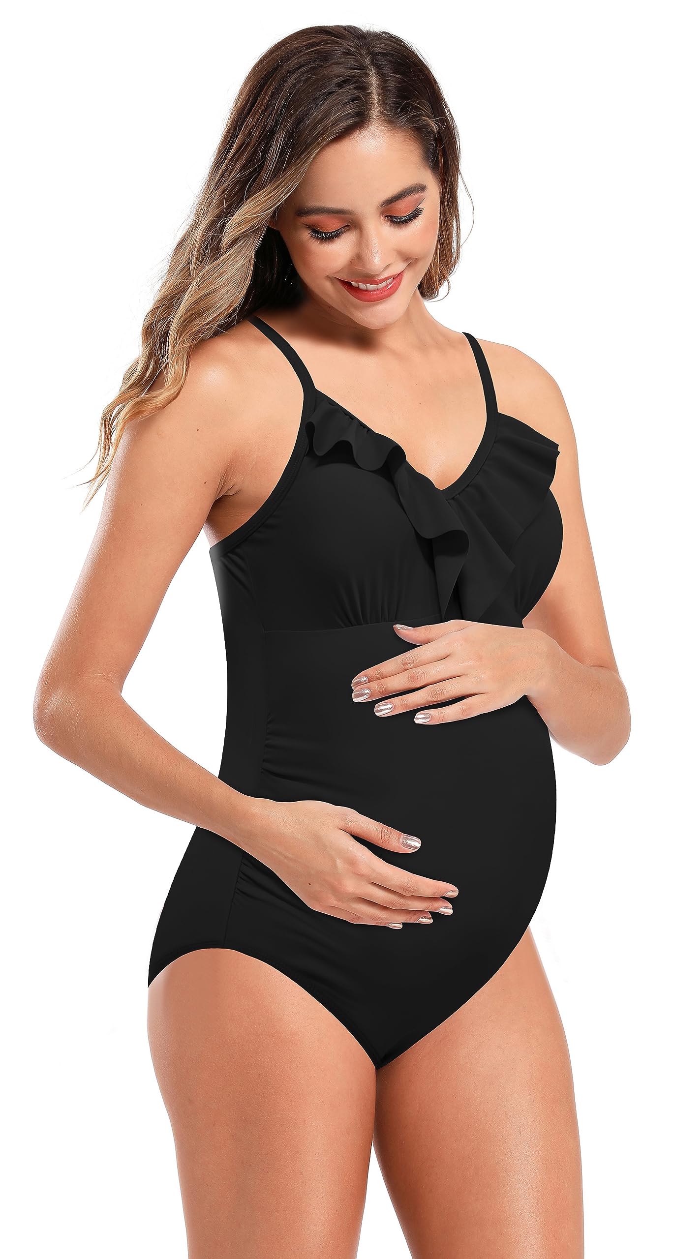 SHEKINI Maternity Einteiliger Badeanzug Damen Rüschen Bandeau Ruched Verstellbarer Bikini Grosse Grössen Umstandsbadeanzug Einteiliger Bikini Schwangerschaft