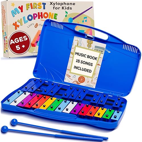 Leopold & Marianne | Xylophone for Kids Ages 5-9 | Kids Musical Instrument | Glockenspiel 25 Notes Chromatic | Color Metal Keys | Music Book Included, Play-Along Videos, Blue Carry Plastic Case