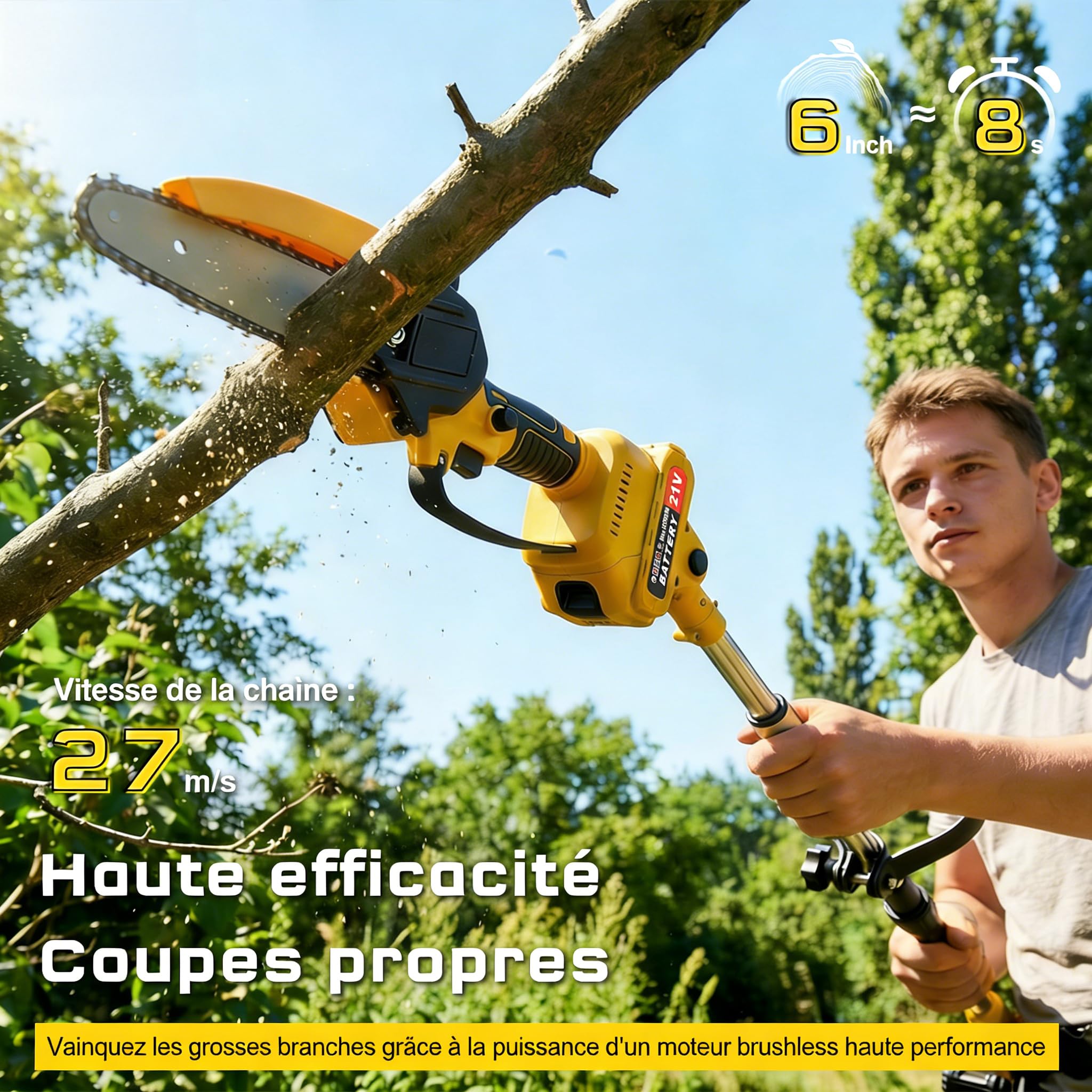 Taille-Haute Batterie 2 en 1, Tronçonneuse 6 Pouces et Taille-Haute Électrique avec 2×2.0Ah Batterie, Tige Télescopique Jusqu'à 1.72m, Taille-Haute pour Branches d'Arbres et Coupe de Bois