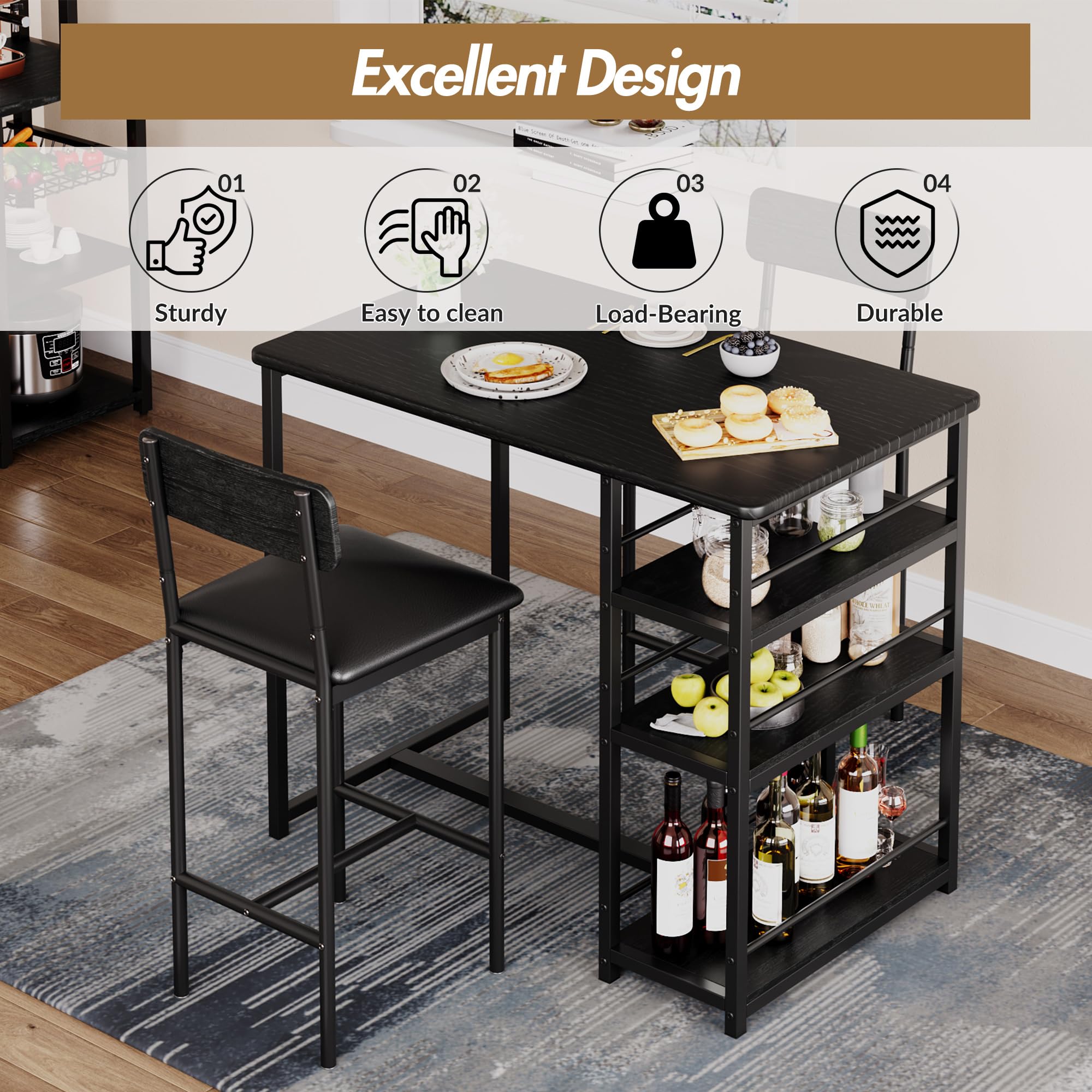 Mesa de bar con 2 sillas acolchadas, mesa de cocina, bar de cocina, para comedor, bistró, salón, color negro
