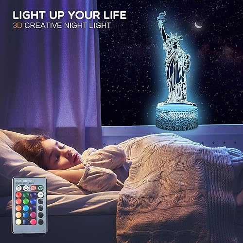 Miniatura 5 de Estatua de la Libertad - Lámpara de mesa LED con ilusión 3D, con tarjeta de felicitación, base luminosa, 16 colores, decoración remota, regalo para