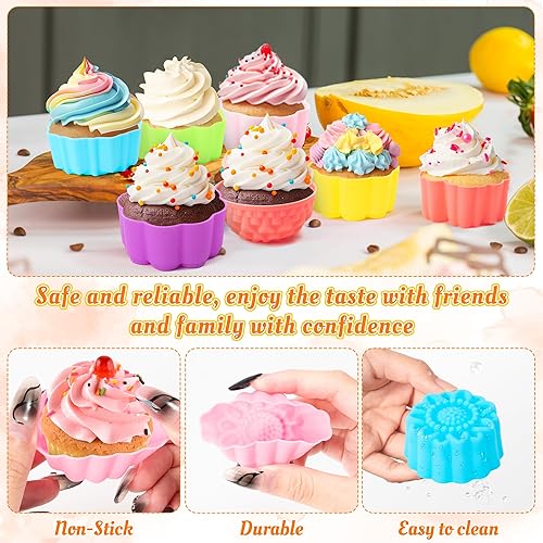 Miniatura 4 de R HORSE Moldes de silicona para cupcakes, 60 moldes para hornear en forma floral de 2 pulgadas, soportes antiadherentes para cupcakes, envoltorios