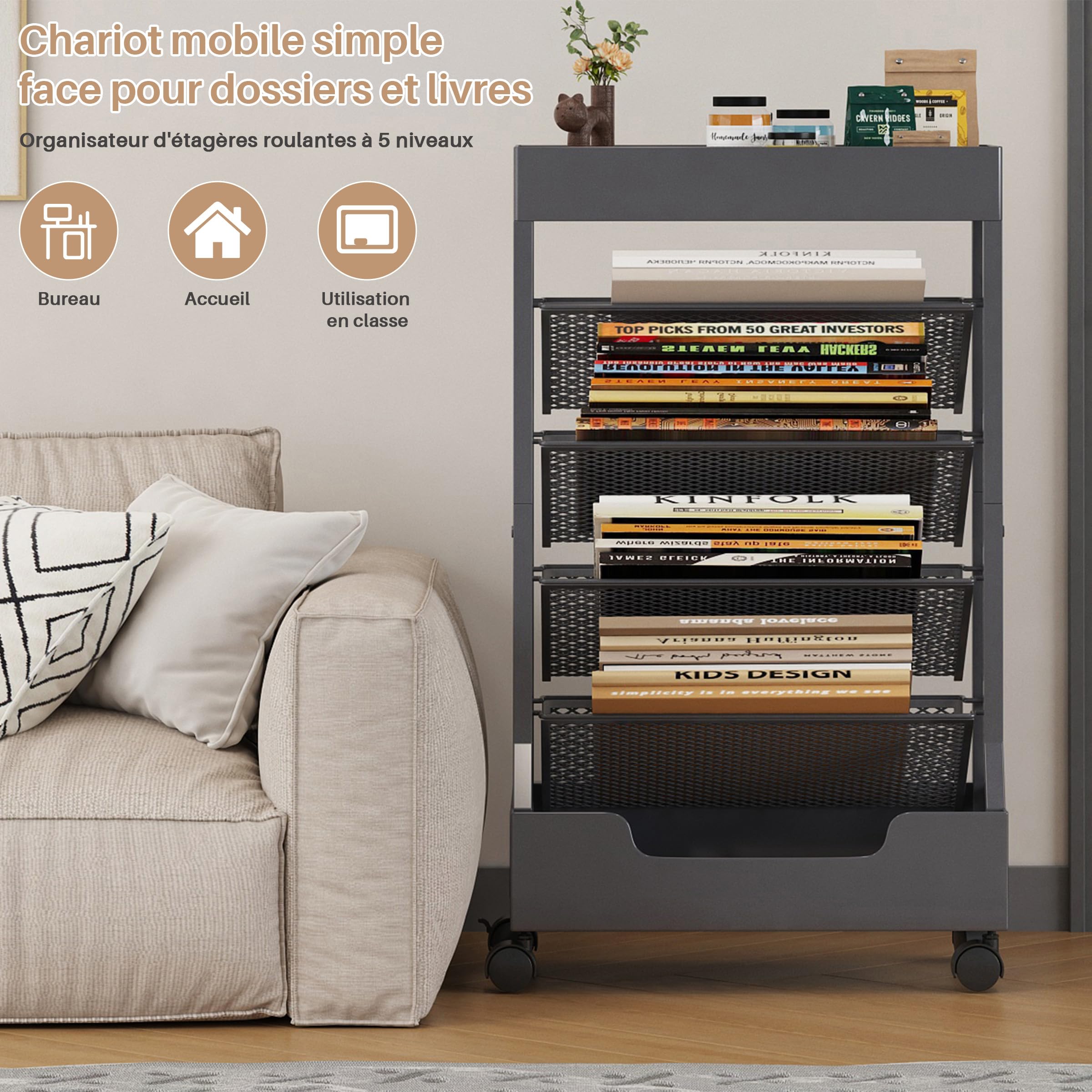 Bibliothèque mobile avec roue, organisateur de bureau, étagère de bureau, chariot à livres, porte-revues, grande capacité, gris