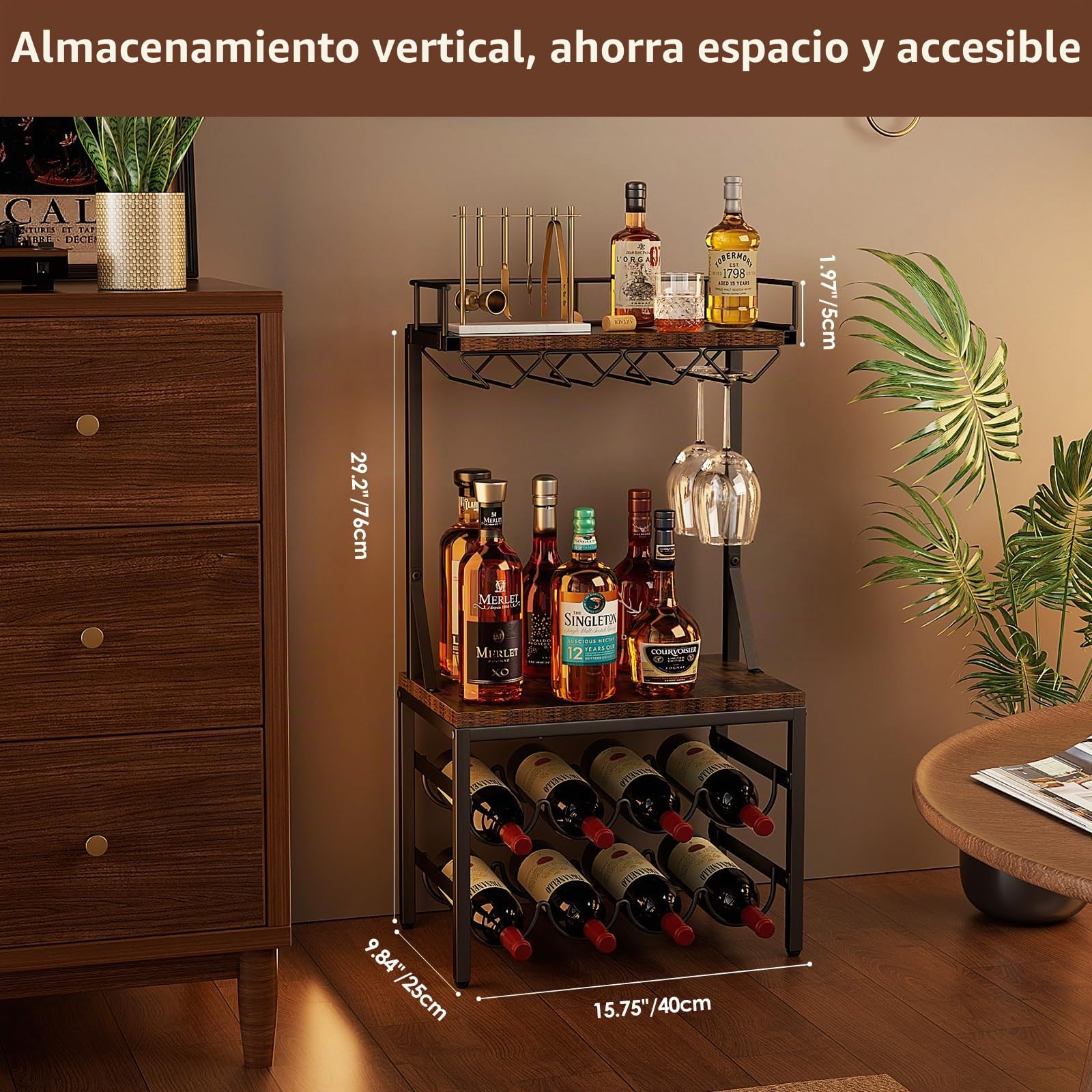 Nuovoware Armario para licores de 3 estantes, Soporte para 8 Botellas, Marrón+Negro