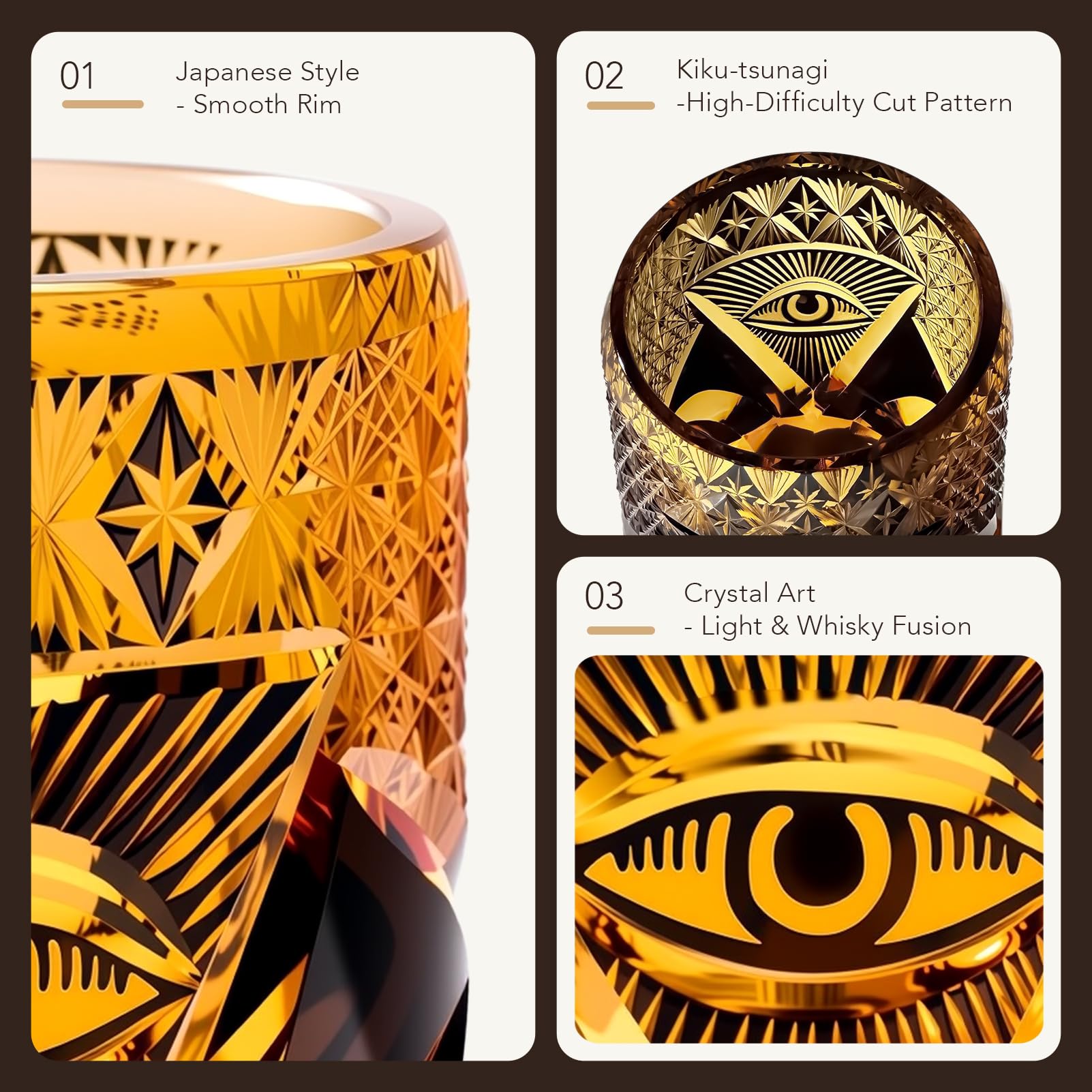 Whiskyglas, Kristall, handgefertigt, Kiriko, japanisch, mystisches Auge, Bernstein, Royal – Tumbler-Glas, Weinprobe, Whisky, Bourbon Cognac Lowball – Geschenk für Herren, luxuriös, originell