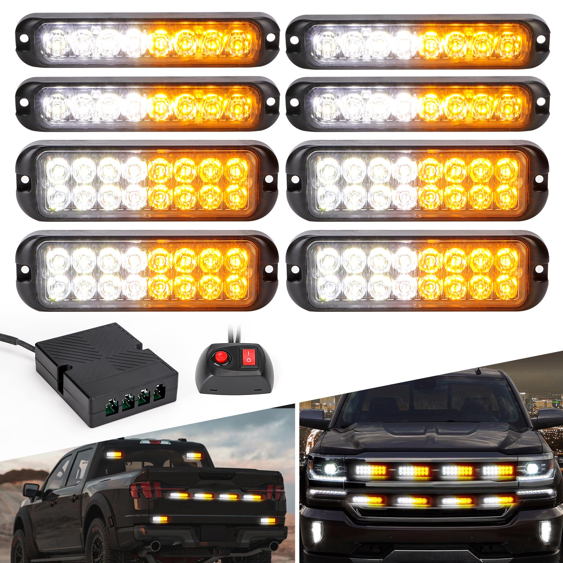 8PCS LED Amber White Strobe Lights Kit 8-LED 16-LED Sync Feature Ultra Slim Emergency Hazard Warning Flashing Caution Light Surface Mount for Construction Trucks Vehicles ATV RV Cars Waterproof