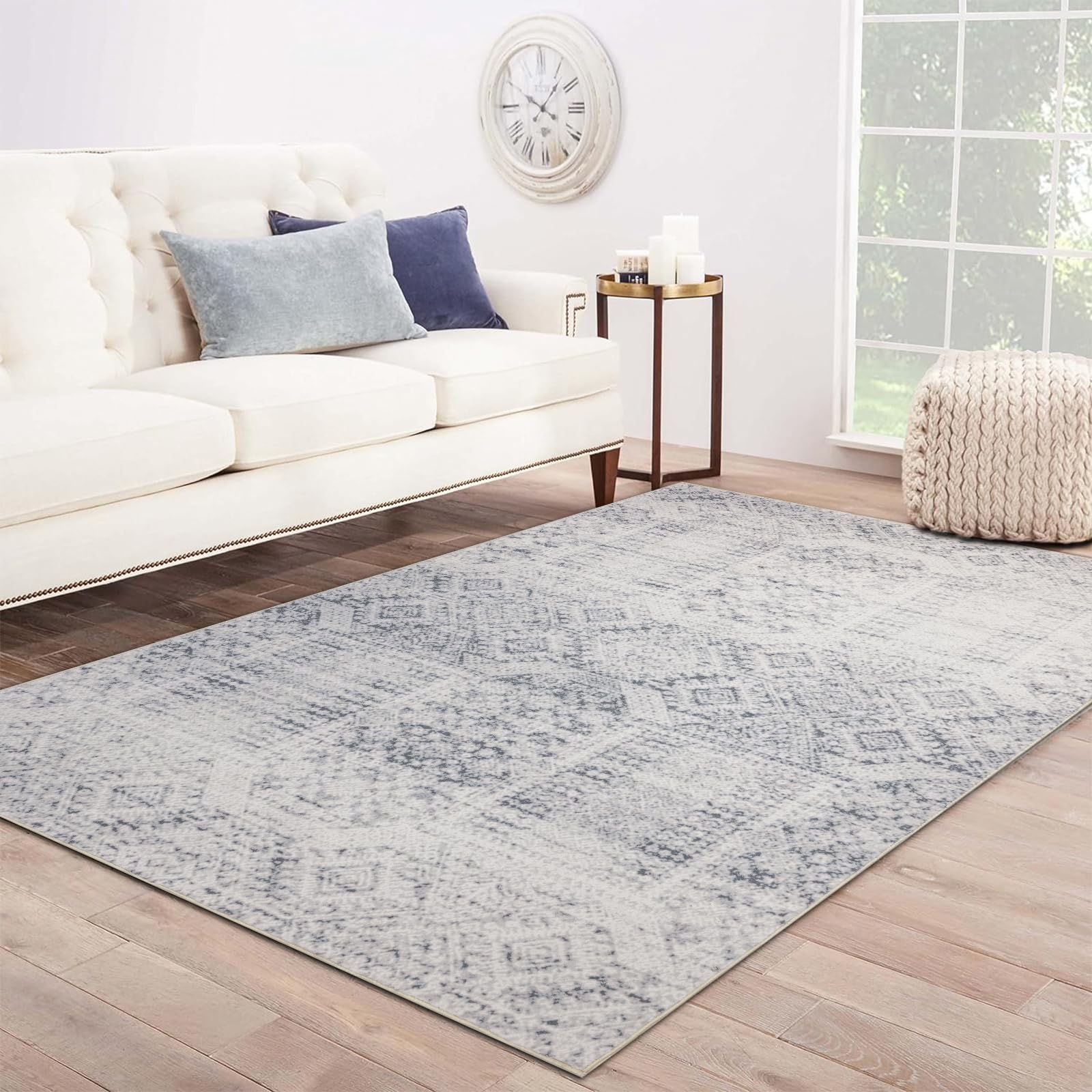 Area Rug 6×9, Large Vintage Boho Rug,Ultra-Soft Low Pile, Washable, Non Slip,Stain Resistant, Carpet for Living Room Bedrooms Playroom Office Kitchen, Light Grey