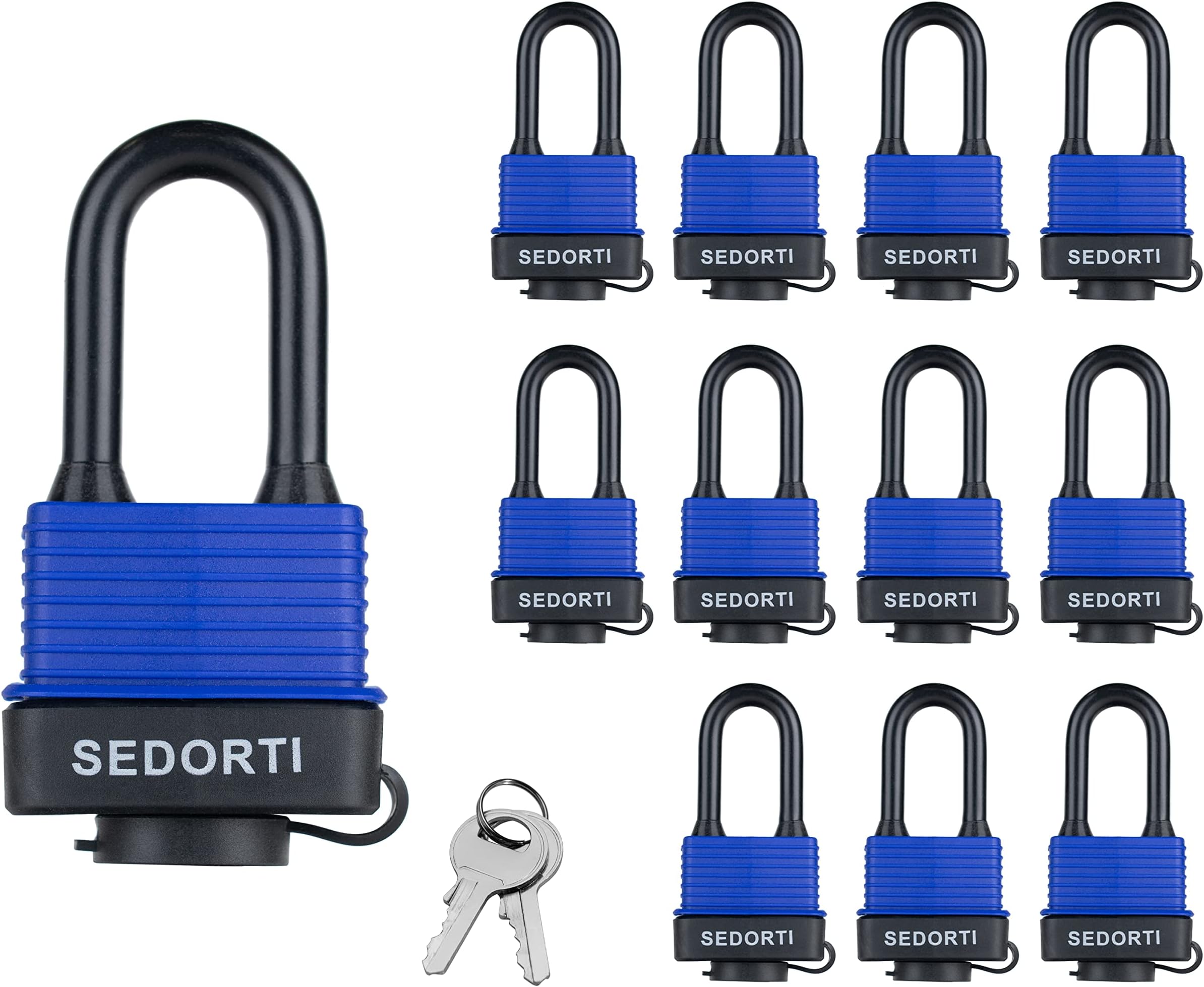 - Colored Waterproof Padlocks, Blue-Covered Laminated Steel Lock, Same Color with Same Key, Keyed Alike Outdoor Locks, Can Be Used as Lockout Tagout Lock, Long Padlocks, Pack of 12