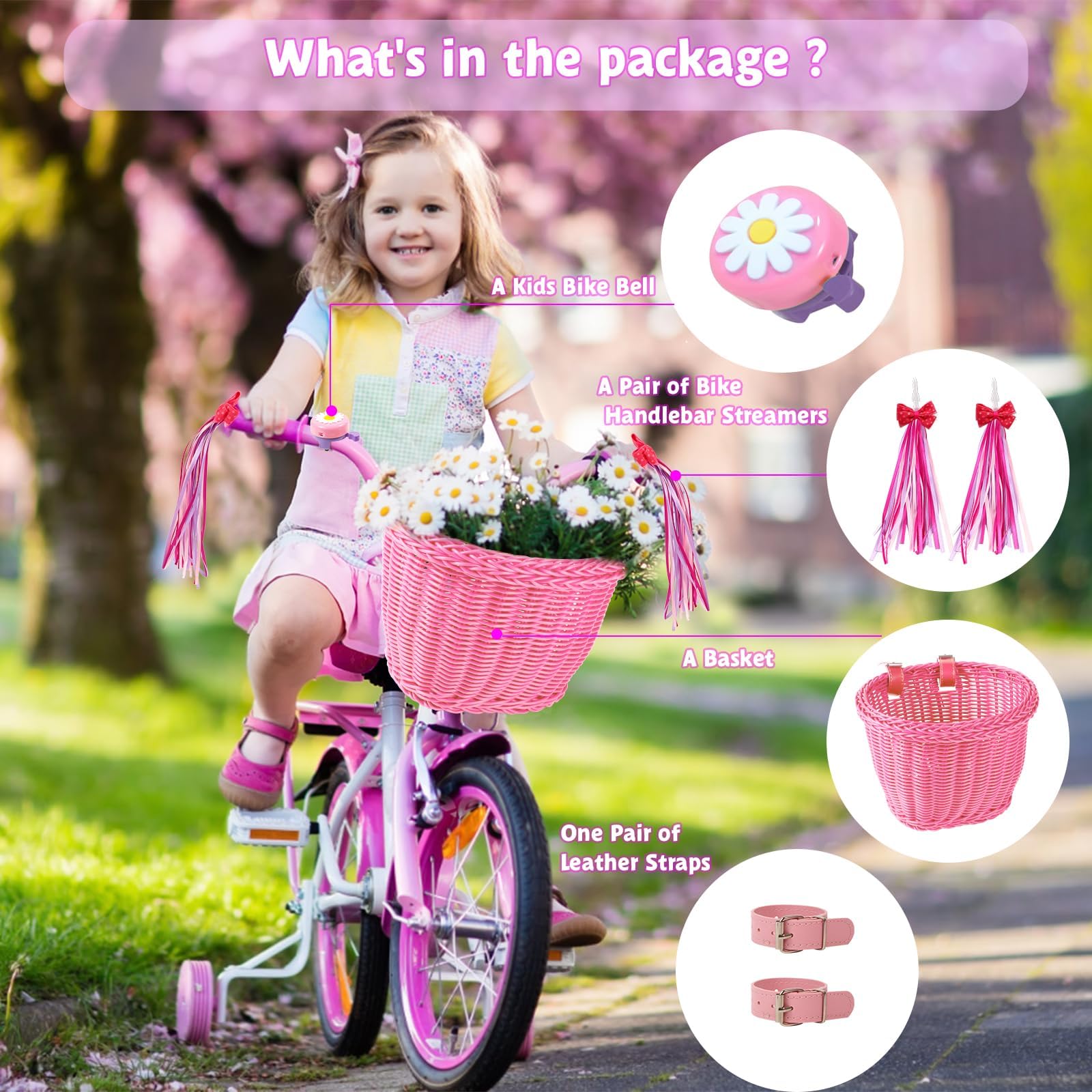 SVNR Kids Bike Basket, Girl Bike Basket Pink, Cycling Handle Bowknot Streamers and Bell - Image 4