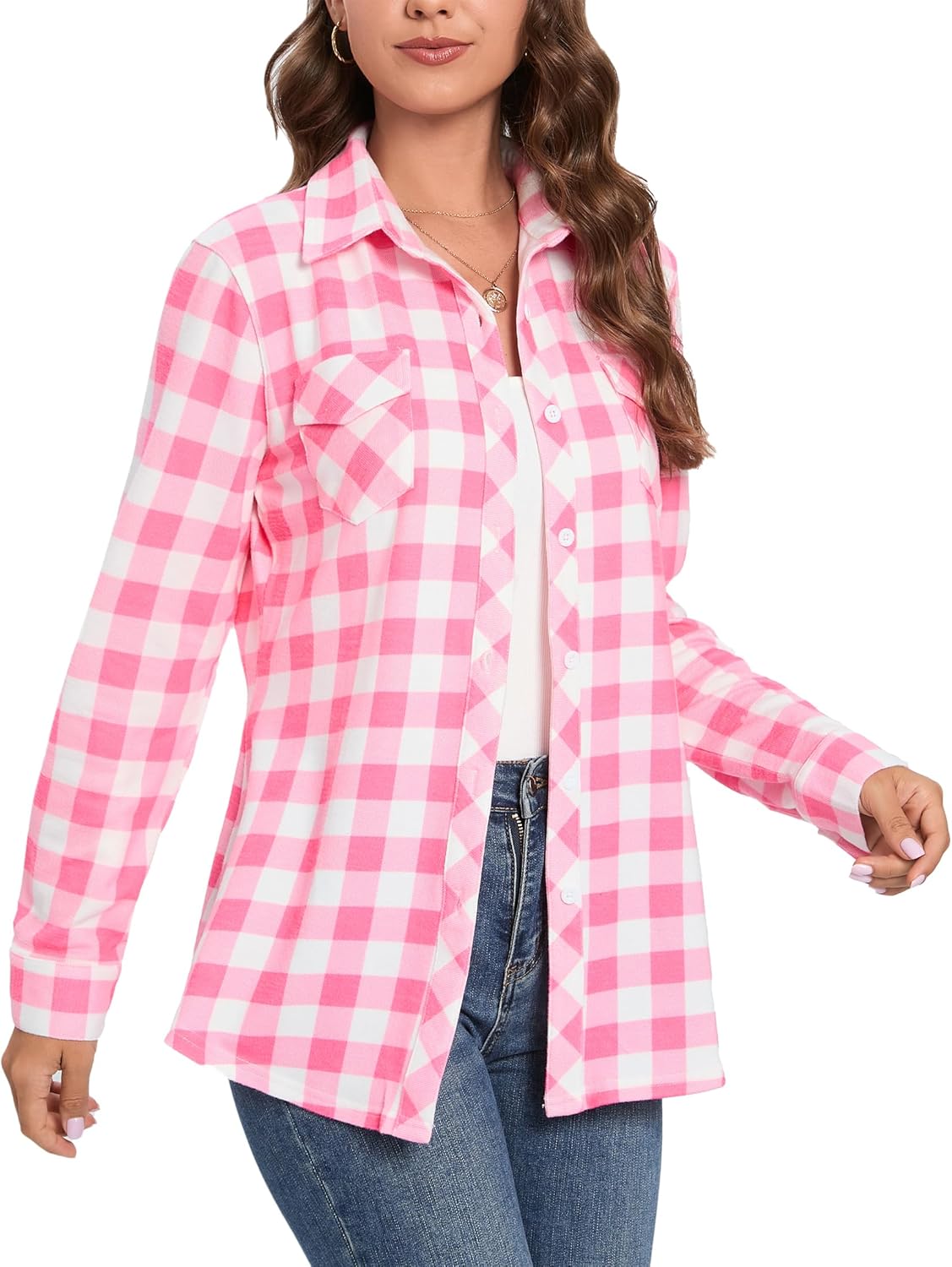 Oyamiki Womens Casual Cuffed Long Sleeve Boyfriend Button Down Plaid Flannel Shirt Tops - Image 5