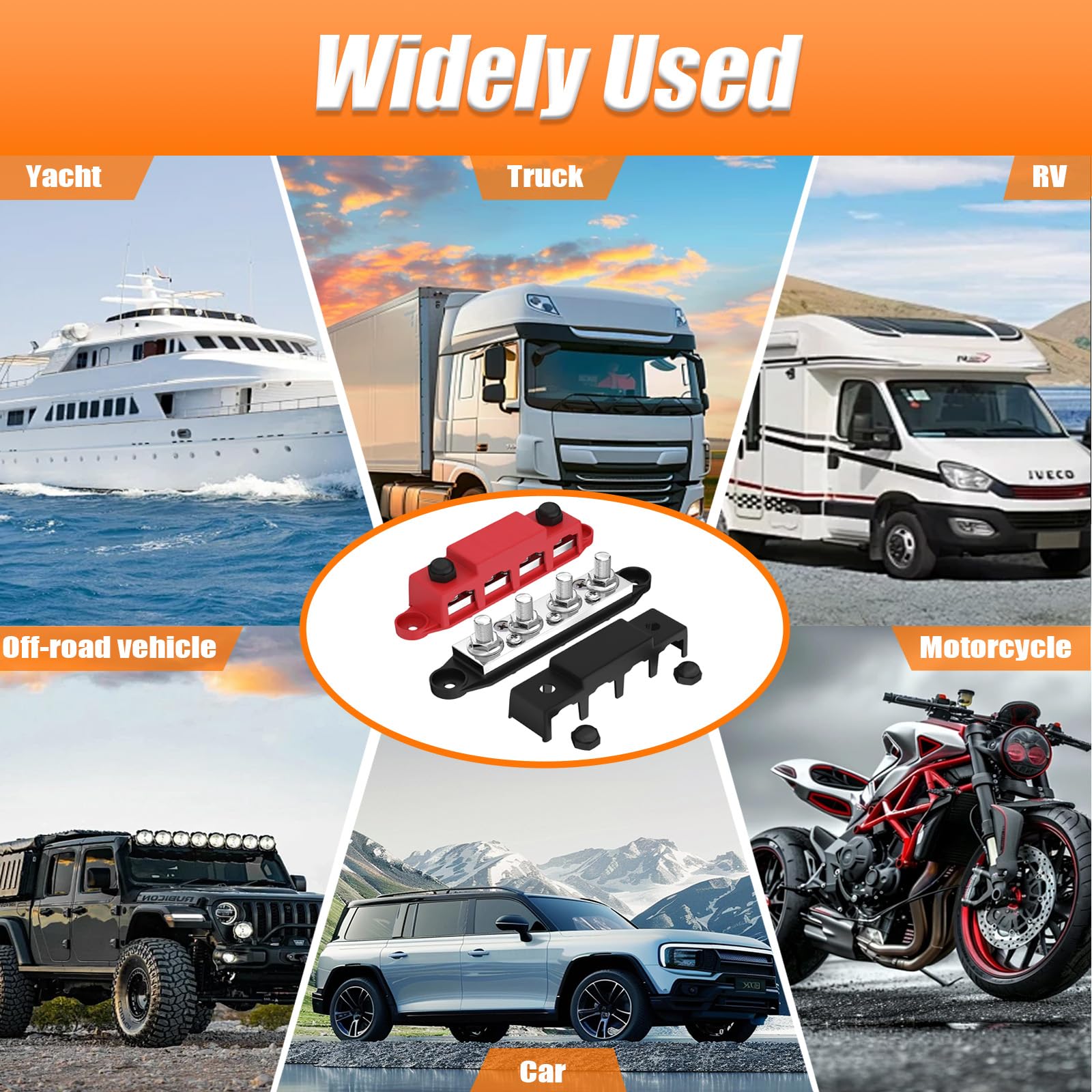 Morsetto 250A, 2 binari bus, binario di distribuzione con 4 x m8 collegamenti bulloni, 5/16 pollici 250 blocco di collegamento batteria con coperchio, adatto per auto, camper, navi e yacht