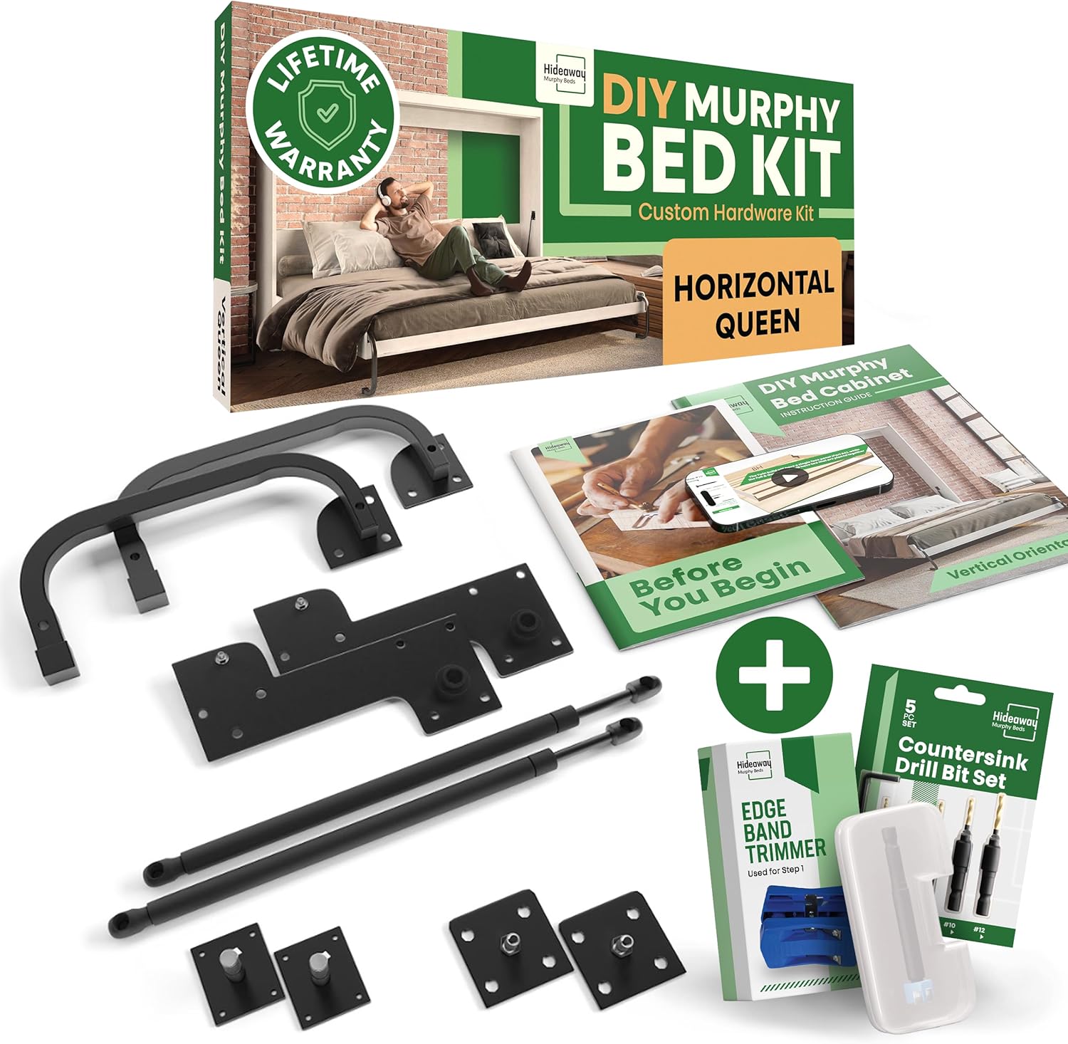 DIY Murphy Bed Kit Queen Horizontal | Murphy Bed Hardware for Wall Cabinet, Horizontal Queen Frame, Deluxe Mechanism Kit with Bonus Tools