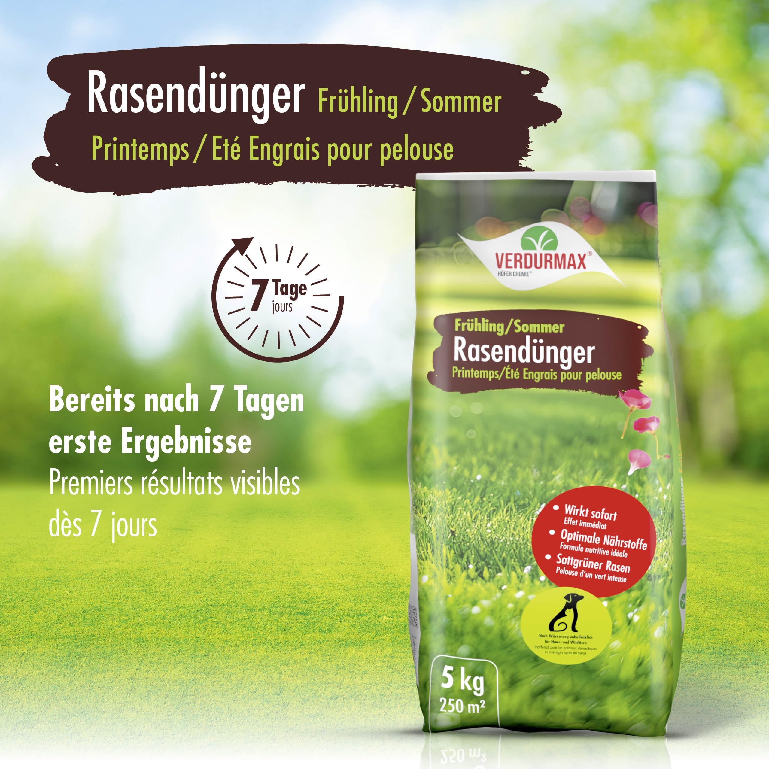 Verdurmax 5 kg d'engrais pour gazon Printemps & Été – Engrais à libération prolongée avec azote pour 250 m² de gazon vert luxuriant – Sans danger pour les chiens – Compatible avec épandeur