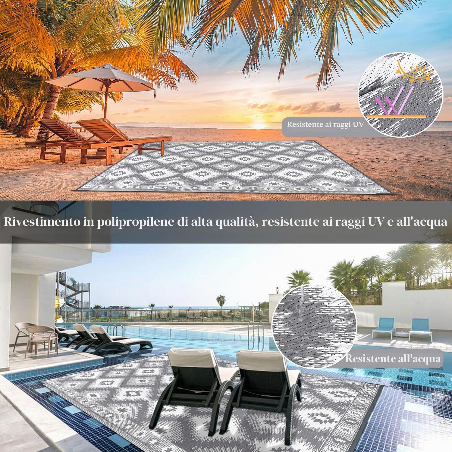 SHACOS Tappeto per Esterni Grande 180x270 cm Grigio Reversibile resistente alle intemperie UV Plastica Campeggio Balcone Terrazza Spiaggia