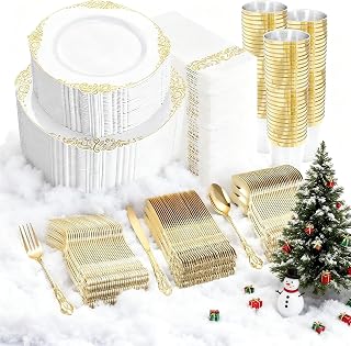 YOUBET 700PCS Gold Plastic Dinnerware Set - White and Gold Disposable Plates for 100 Guest - 200 Disposable Plates, 300 Heavy Duty Plastic Silverware, 100 Cups,100 Napkins for Wedding Christmas