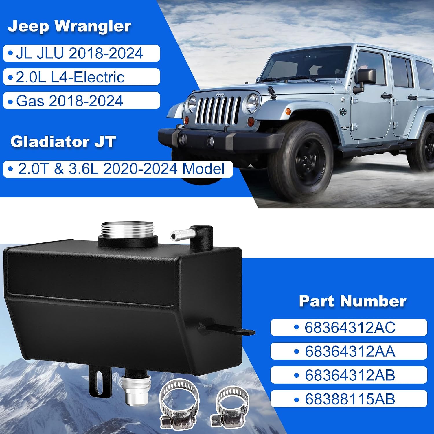 Aluminium Alloy Front Engine Coolant Reservoir Tank Expansion Bottle System for 2018-2024 Wrangler JL JLU & 2020-2024 Gladiator JT 2.0&3.6L Model, Metal Bottle Replaces plastic Bottle 68364312AC