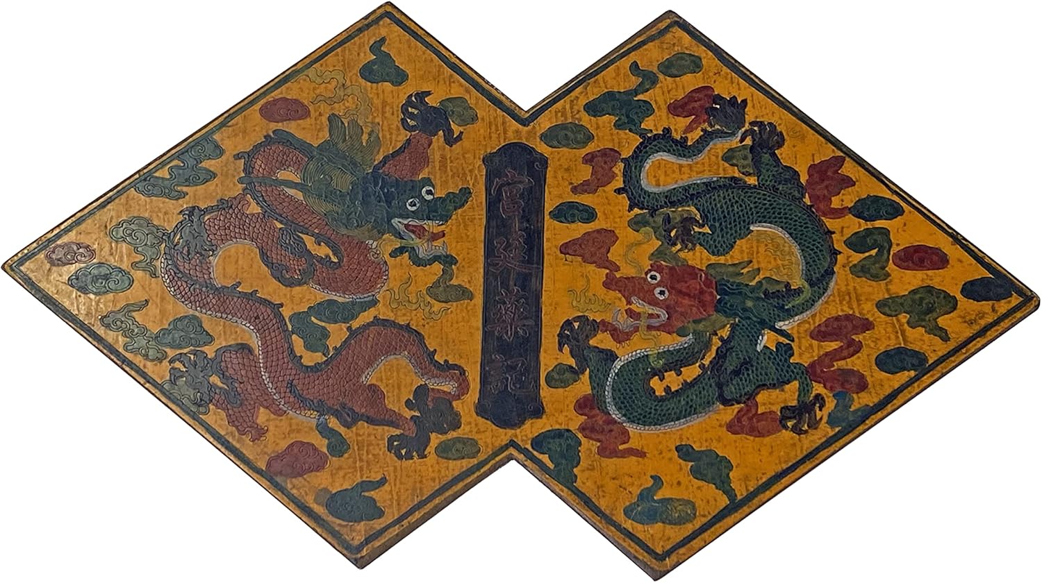 Chinese Distressed Yellow Lacquer Double Rhombus Dragons Graphic Box Aws2334