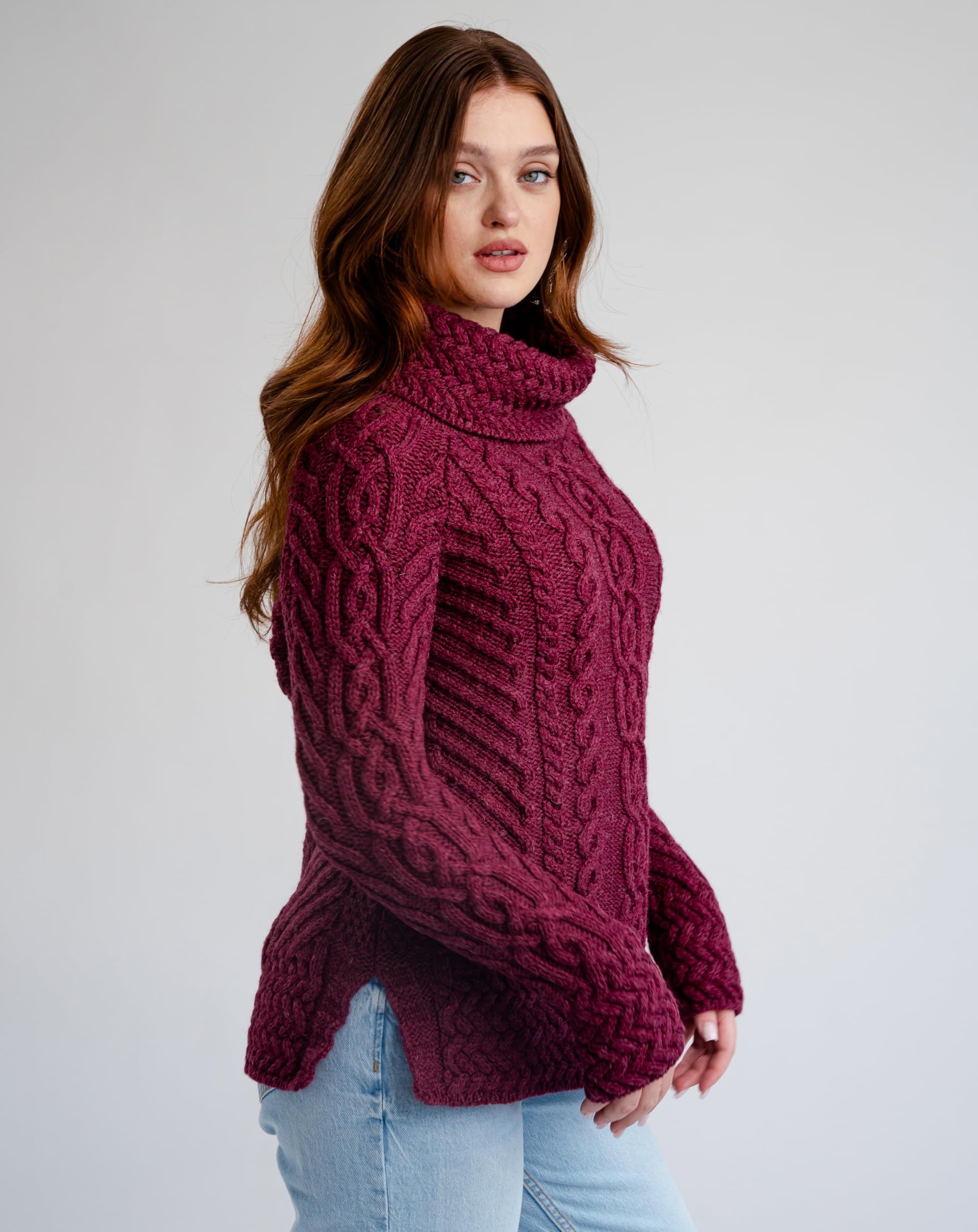 SAOL 100% Merinowolle Fisherman Trichterhals Irisch Aran Pullover für Damen