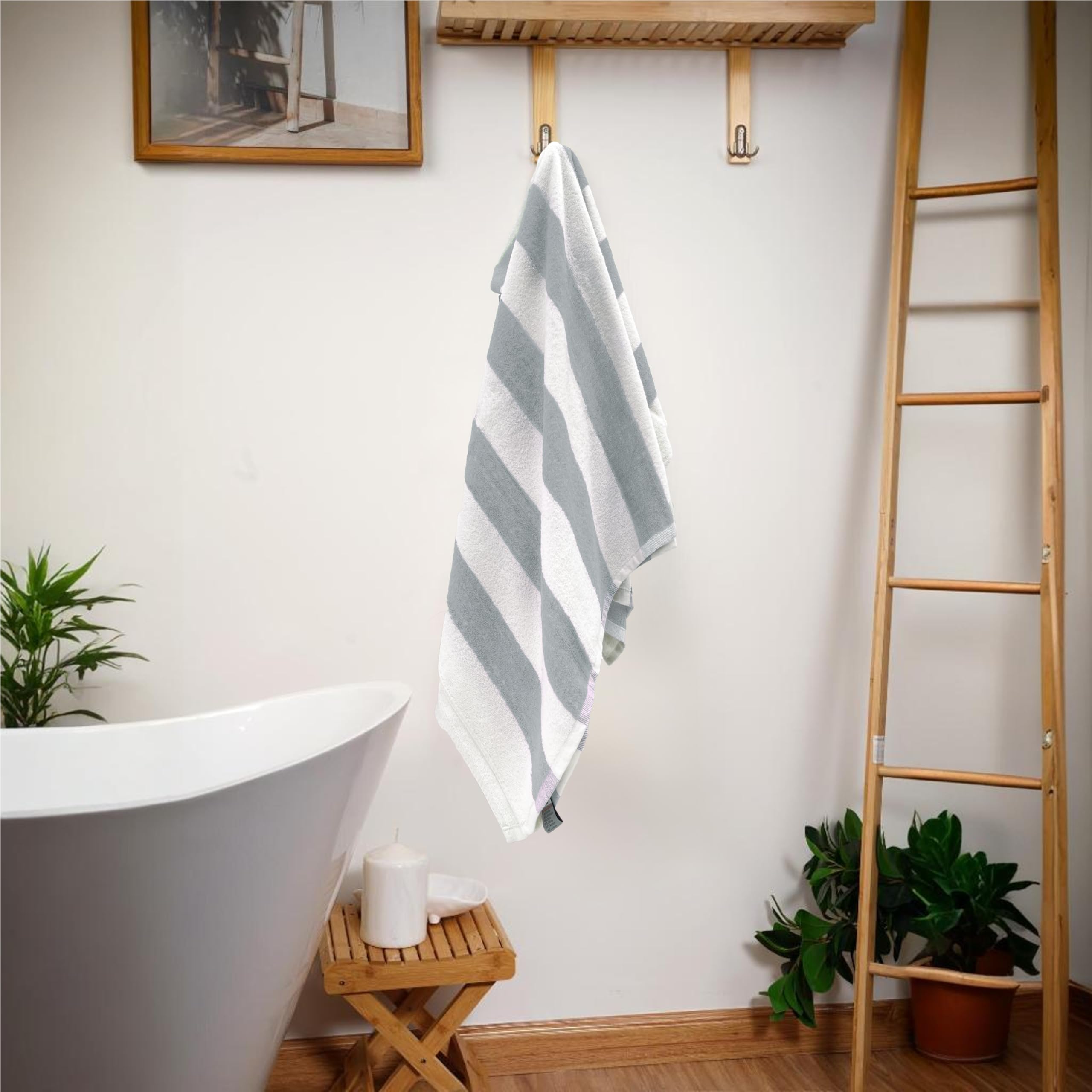 SweetNeedle Ręczniki plażowe dla dorosłych, zestaw 2 szt., srebrno-białe, klasyczne, w paski, 100% bawełna, frotte, ringspun, szybkoschnący, super chłonny, duży ręcznik do pływania, 100 x 150 cm
