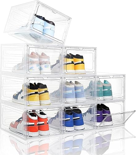 Miniatura 12 de Caja de zapatos transparente apilable de plástico mejorado, paquete de 6 cajas de almacenamiento de zapatos, organizador con puerta magnética grande
