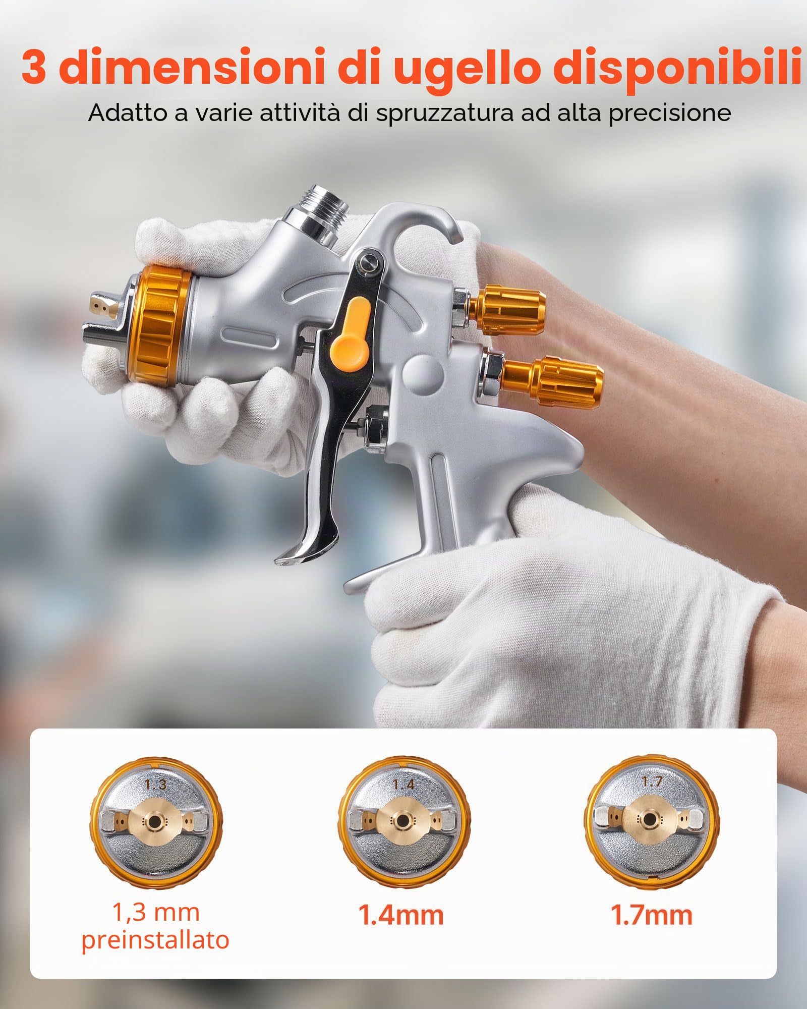 VEVOR Pistola a Spruzzo Pneumatica a Gravità HVLP 600mL con 3 Ugelli 1,3/1,4/1,7 mm, Kit di Spruzzatore ad Aria Compressa, Pistola per Verniciatura Pneumatica HVLP per Auto, Pareti