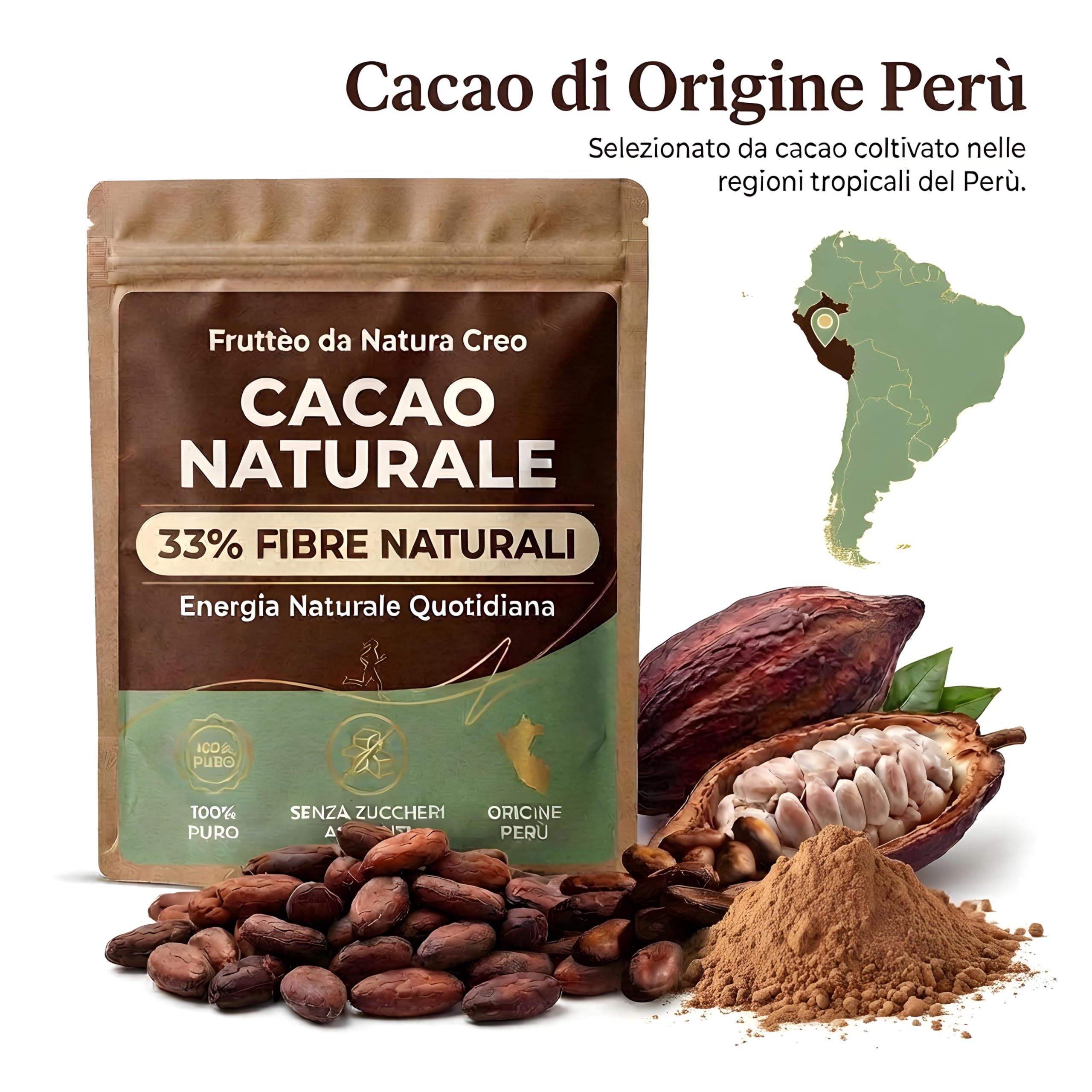 Cacao Amaro in Polvere 1 Kg – 100% Naturale Non Alcalinizzato – Alto Contenuto di Fibre (33%) – Senza Zucchero – Ideale per Dieta, Fitness e Colazione Sana