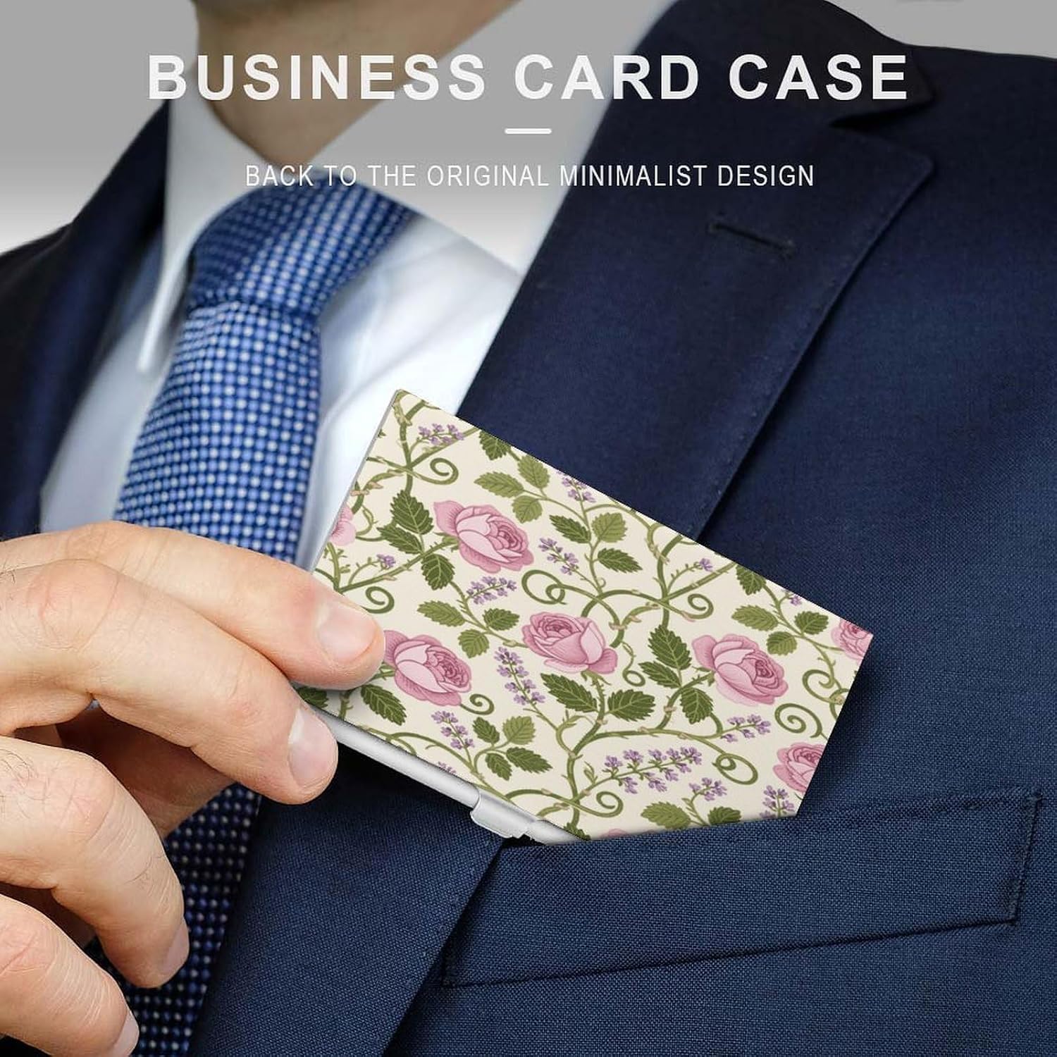 Floral Herbs Botanical Pattern Print Business Card Holder Metal Business Cards Case with Buckle Style Shut Pocket Travel Name Cards Holder Wallet Portable Business Card Carrier for Gift