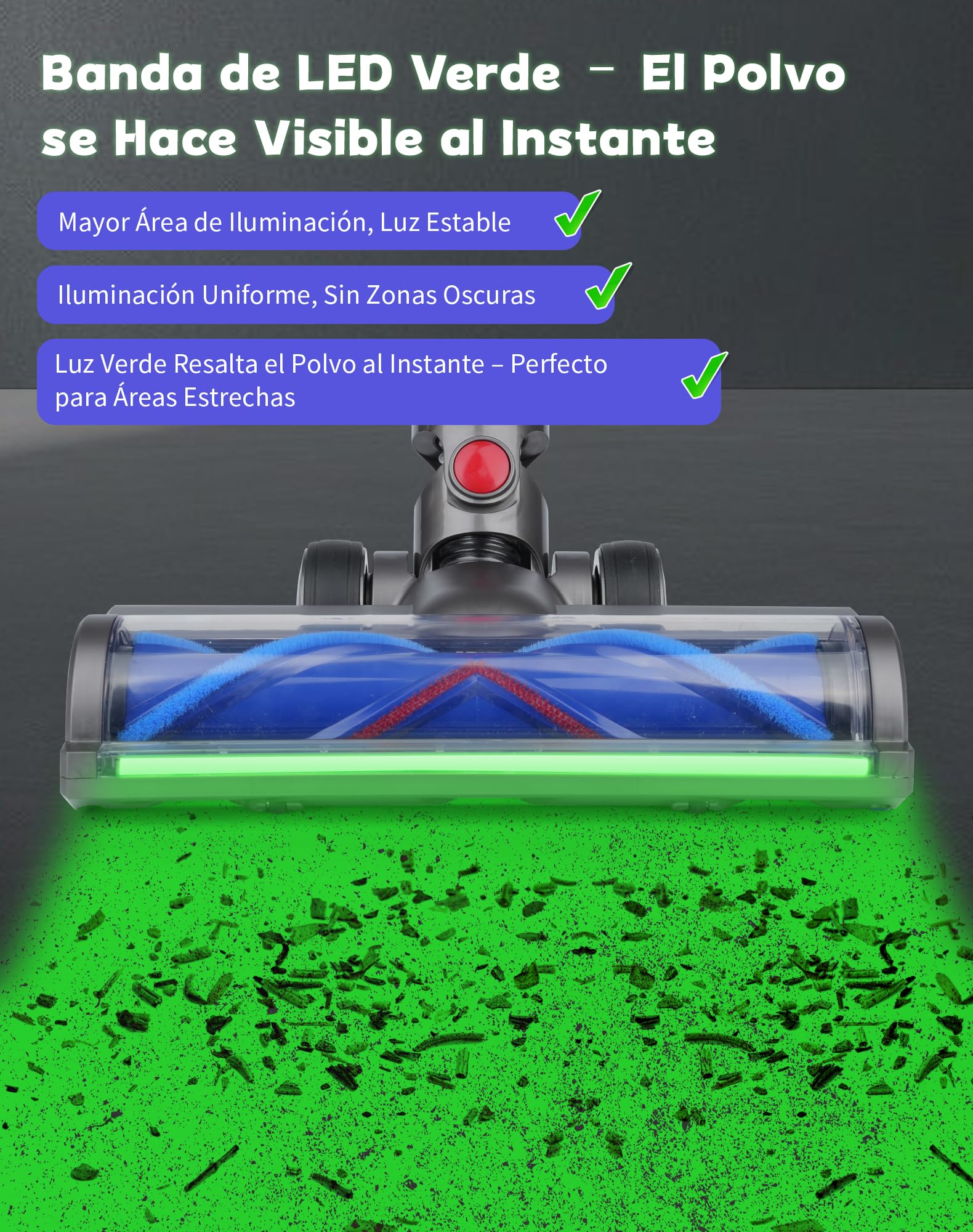 Cepillo para Dyson V7 V8 V10 V11 V15 con Luz LED Verde, Cepillo de Rodillo Suave Motorizado para Suelos Duros y Alfombras de Pelo Corto, Accesorio Aspiradora Dyson de Repuesto