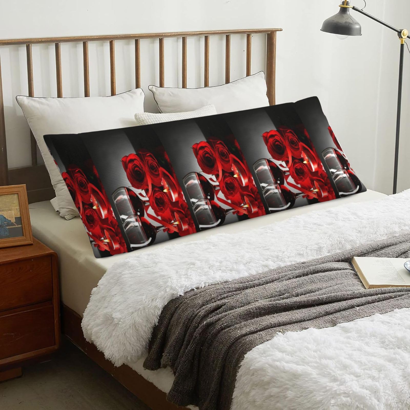 Red Rose And Wine Romantic Lovers Decor, Body Pillow Cover with Zipper,Long Body Pillowcase 20 x 60 in