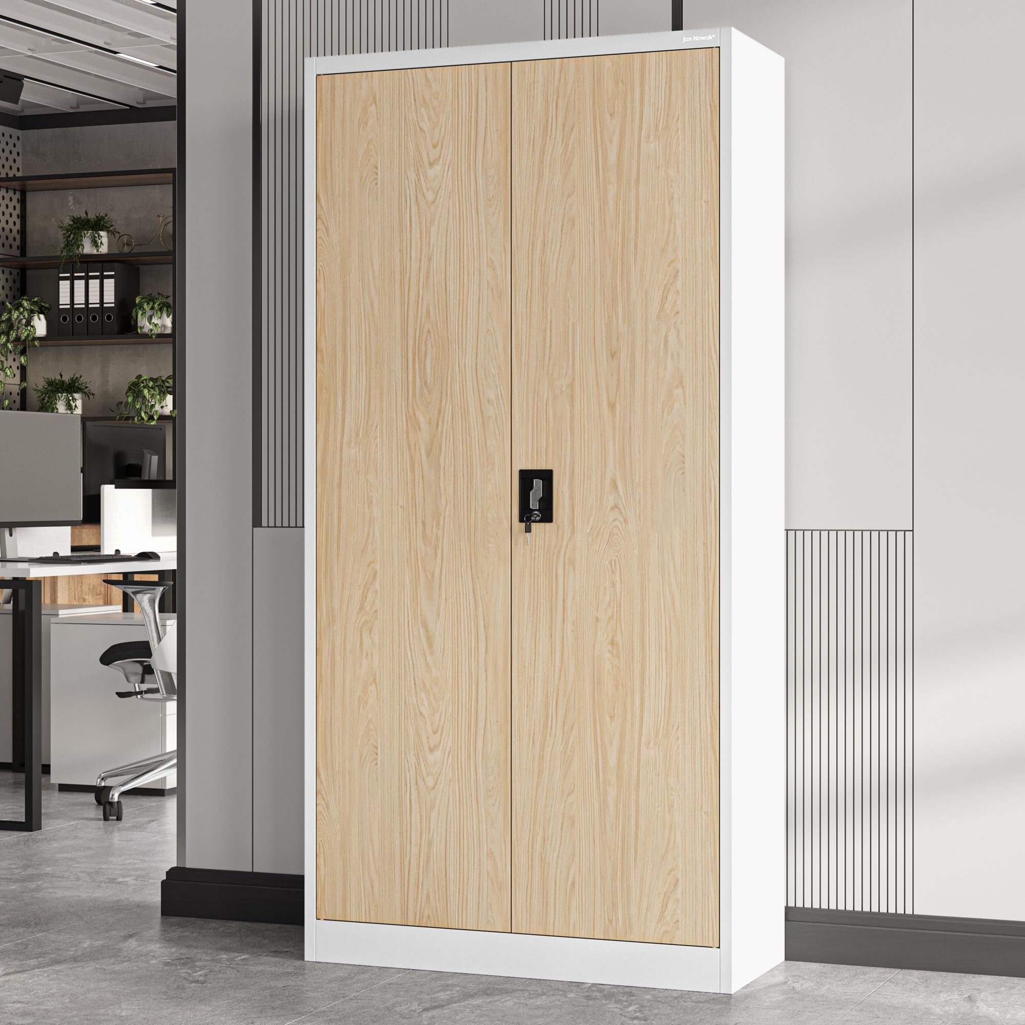 Jan Nowak Armoire de Bureau métallique 4 étagères tôle d'acier revêtement en Poudre 185 cm x 90 cm x 40 cm (Blanc/Imitation Bois)