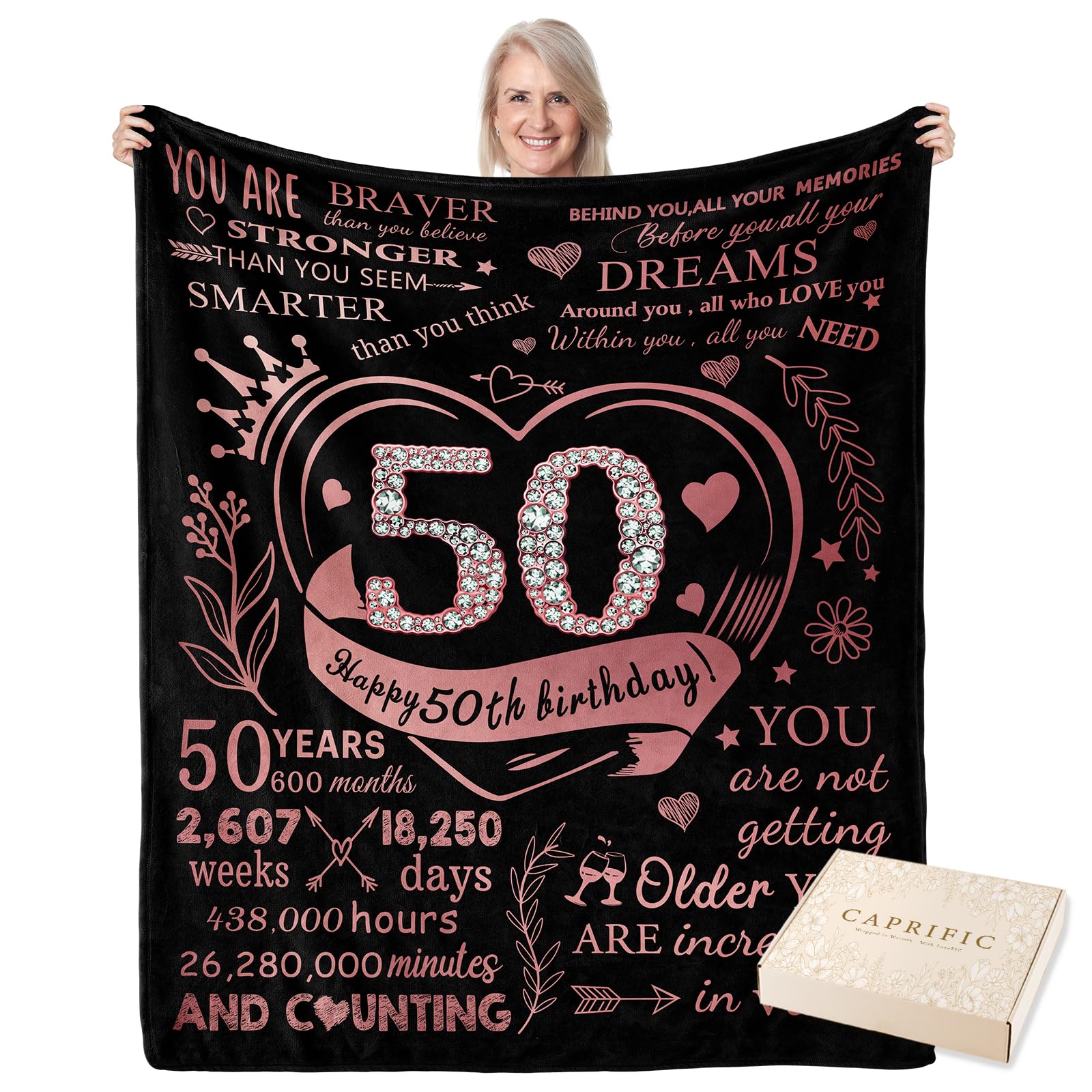 CAPRIFIC 50th Birthday Gifts for Women, 50th Birthday Decorations, 50th Birthday Presents for Women, Birthday Presents for Mum,Wife,Auntie, Flannel Blanket 150x130CM(Pink) — image 1