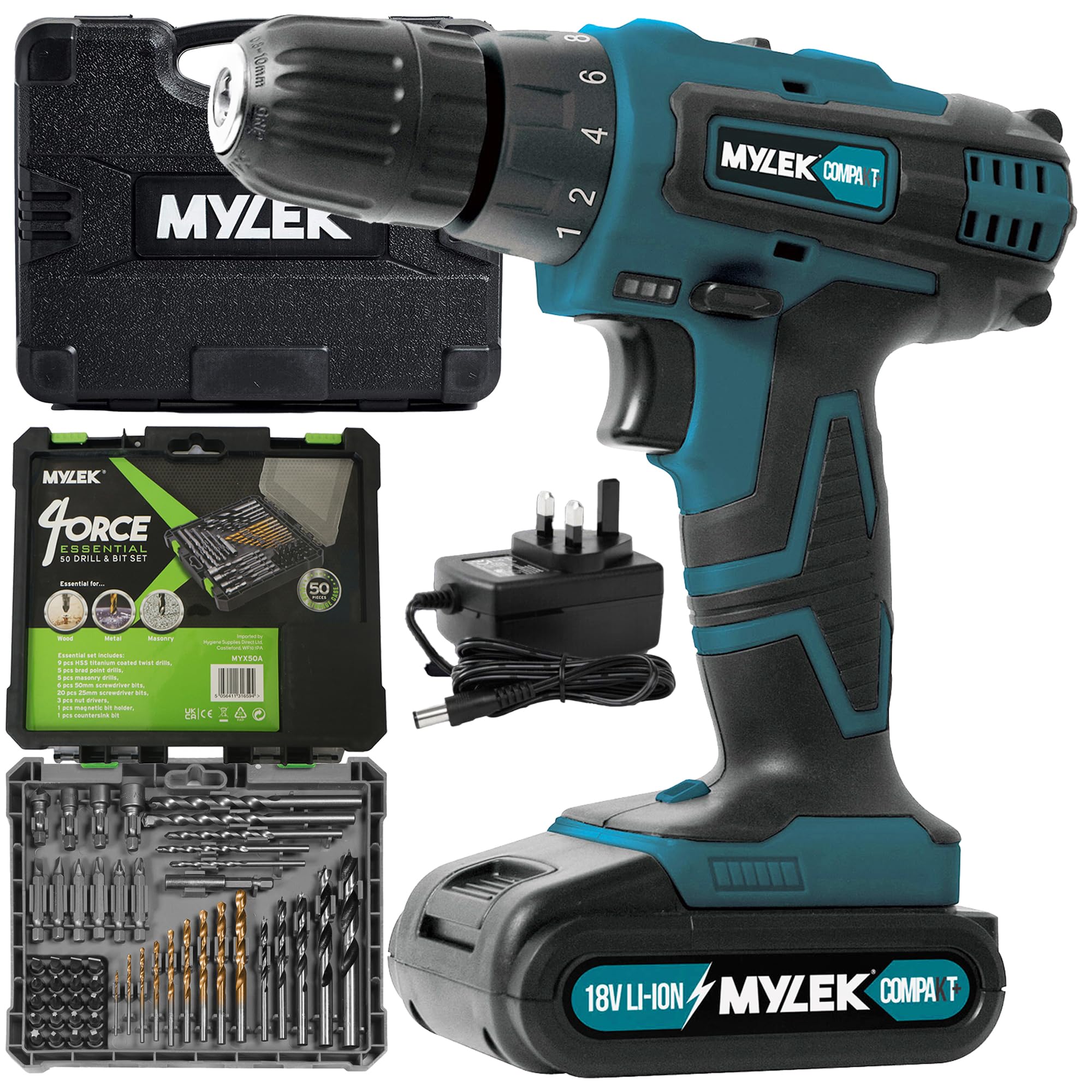 Mylek Unisex Green Speed Cordless Drill Bmc With Carry Case & 50 Piece Accessory Kit In Size 2