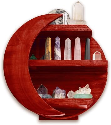 CHAMAMA Moon Shelf, Essential Oil Shelf, Moon Wall Decor, Crystal Display Shelf, Moon Shaped Shelf for Crystals, Decor, Wooden Shelf, Bathroom Decor, Crystal Shelf Barn Red