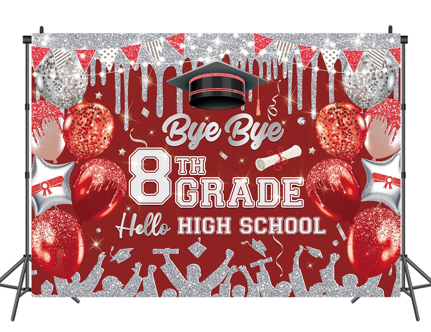 8TH Grade Graduation Decorations STF9 2025, Gold 8TH Grade Graduation Photo Banner Bye Bye 8th Grade Hello High School Grad Banner Eighth Grade G