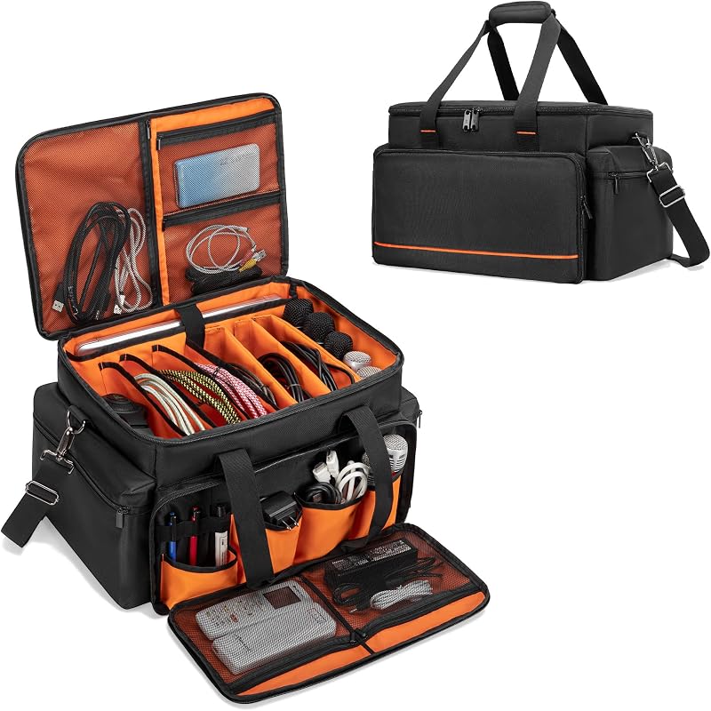 Bolsa para archivos de cables para DJ con divisores ajustables, funda para portátil de 15,6 pulgadas | Bolsa organizadora de conciertos para músicos de viaje para equipos de DJ, equipos de música y accesorios