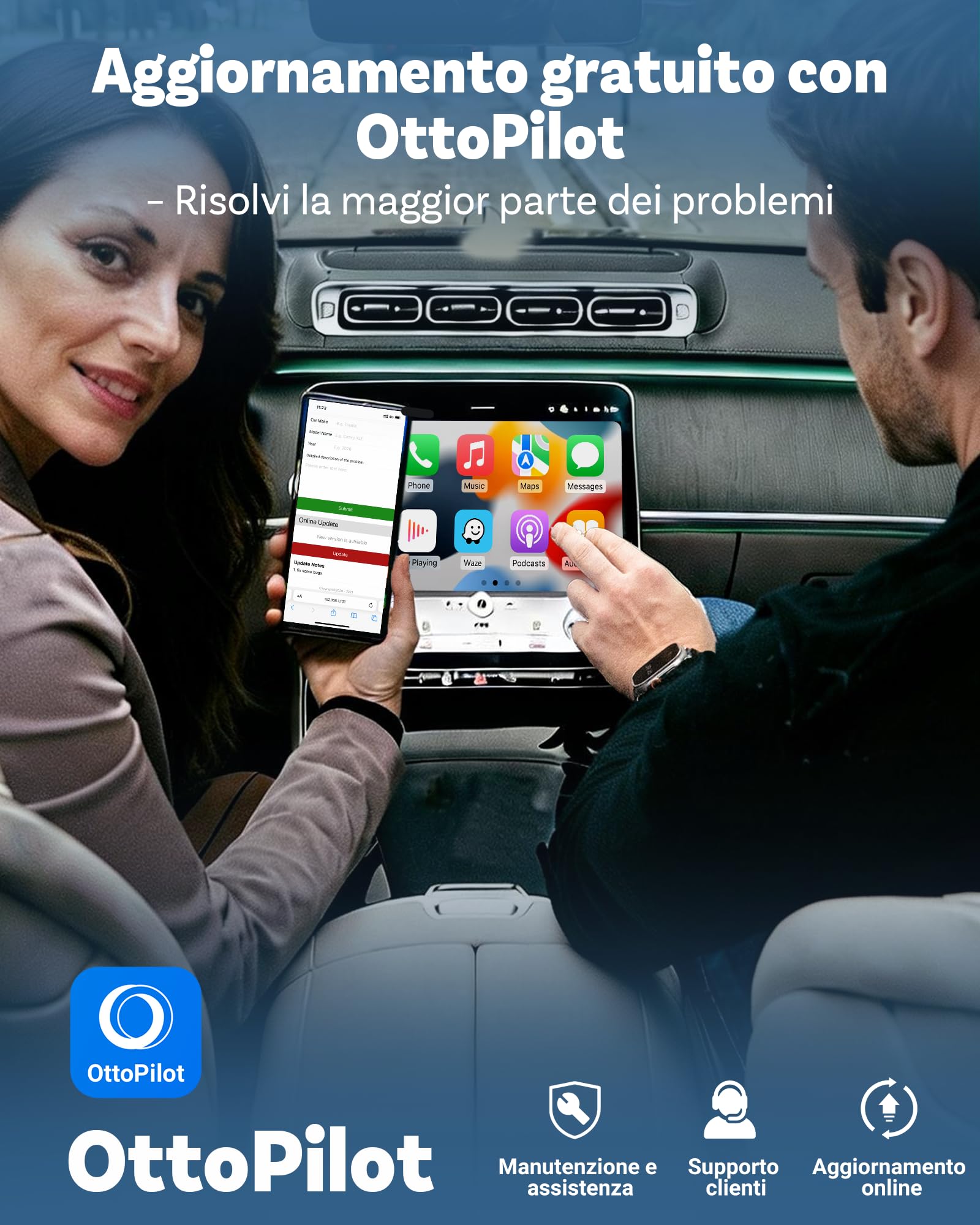 OTTOCAST Mini Pico Adattatore Wireless CarPlay e Android Auto, Trasforma CarPlay cablato in wireless, Passaggio con un tocco tra 2 telefoni, Riconnessione automatica rapida, WiFi 6, Bluetooth 5.4