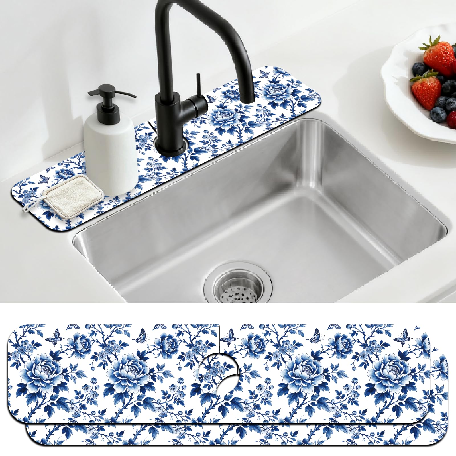 CONCHLERY 2 Pcs Kitchen Sink Splash Guard Faucet Mat Vintage Florals Pattern Faucet Mat for Sinks Peonies Absorbing Drying Mats for Kitchen Bathroom, 23.6x5.5inch