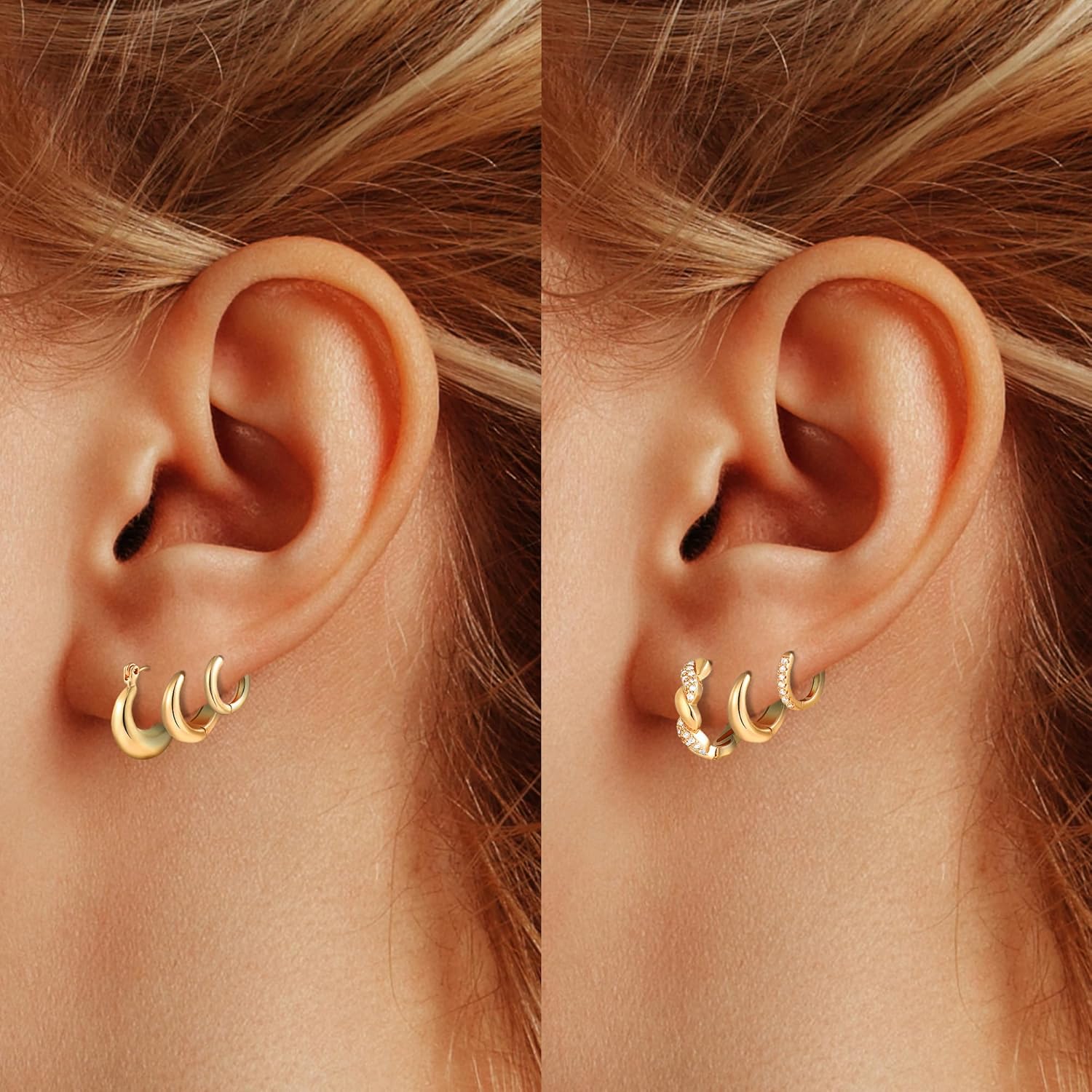 Wgoud Small Gold Hoop Earrings Set for Women, 6 Pairs 14K Gold Plated Hypoallergenic Lightweight Huggie Hoops Earrings, Trendy Cartilage Cubic Zirconia Earrings for Women Gifts. - Image 4