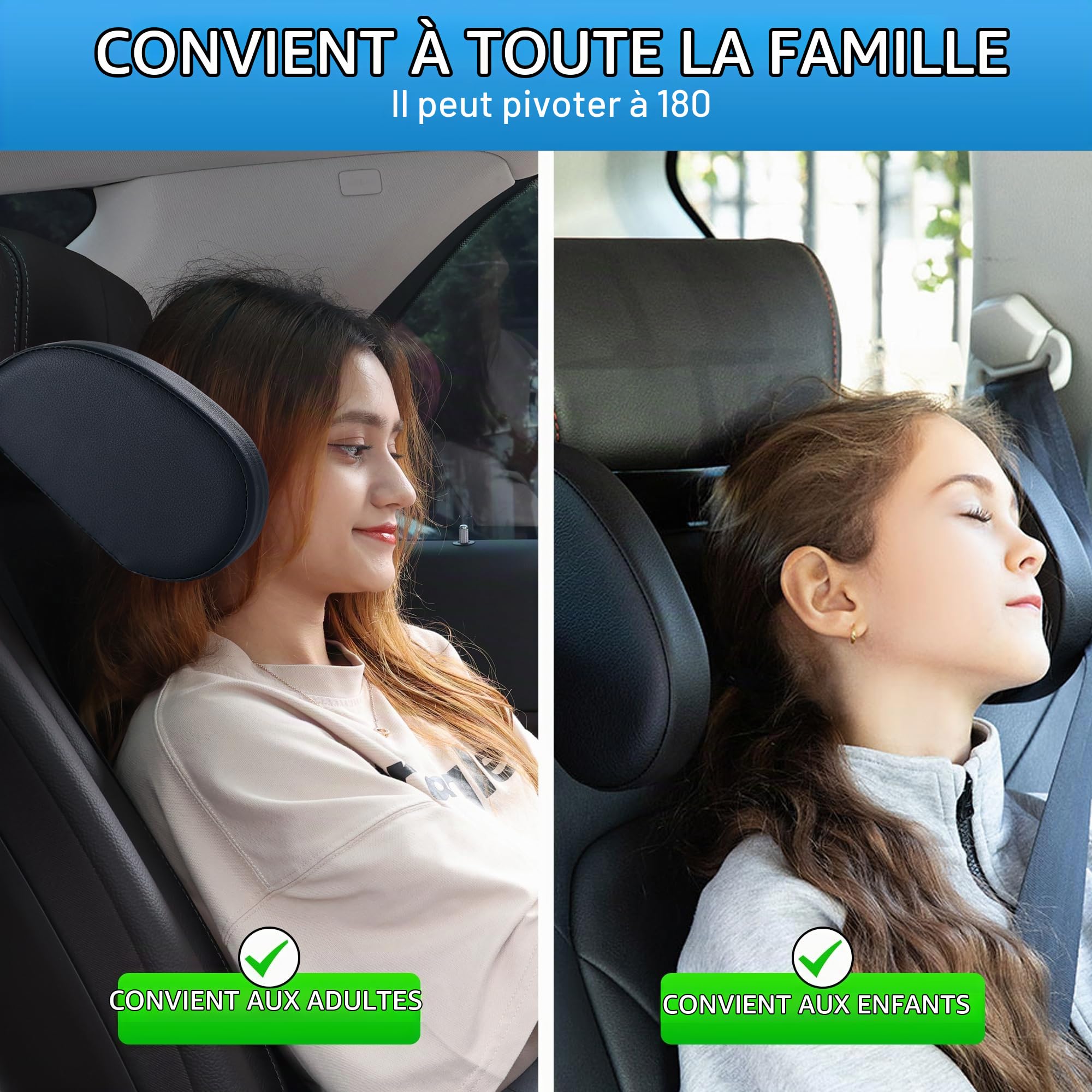 Lot de 2 appuie-tête de voiture pour enfants, réglables à 180 °, en cuir respirant, coussin de nuque pour enfants, convient pour adultes et enfants, pour dormir en voyage, noir
